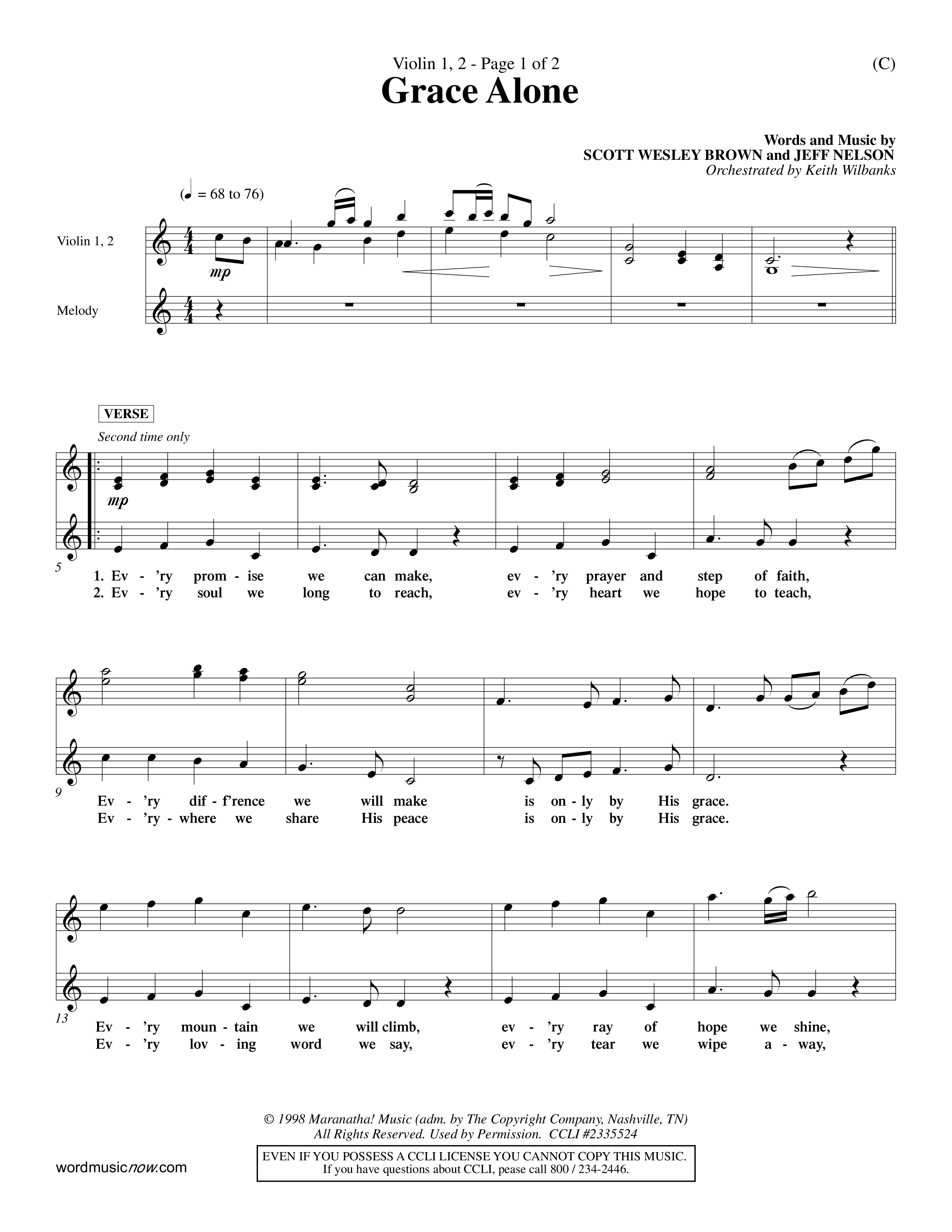 Grace Alone (Choral Anthem SATB) Violin 1/2 (Word Music Choral / Orch. Keith Wilbanks)
