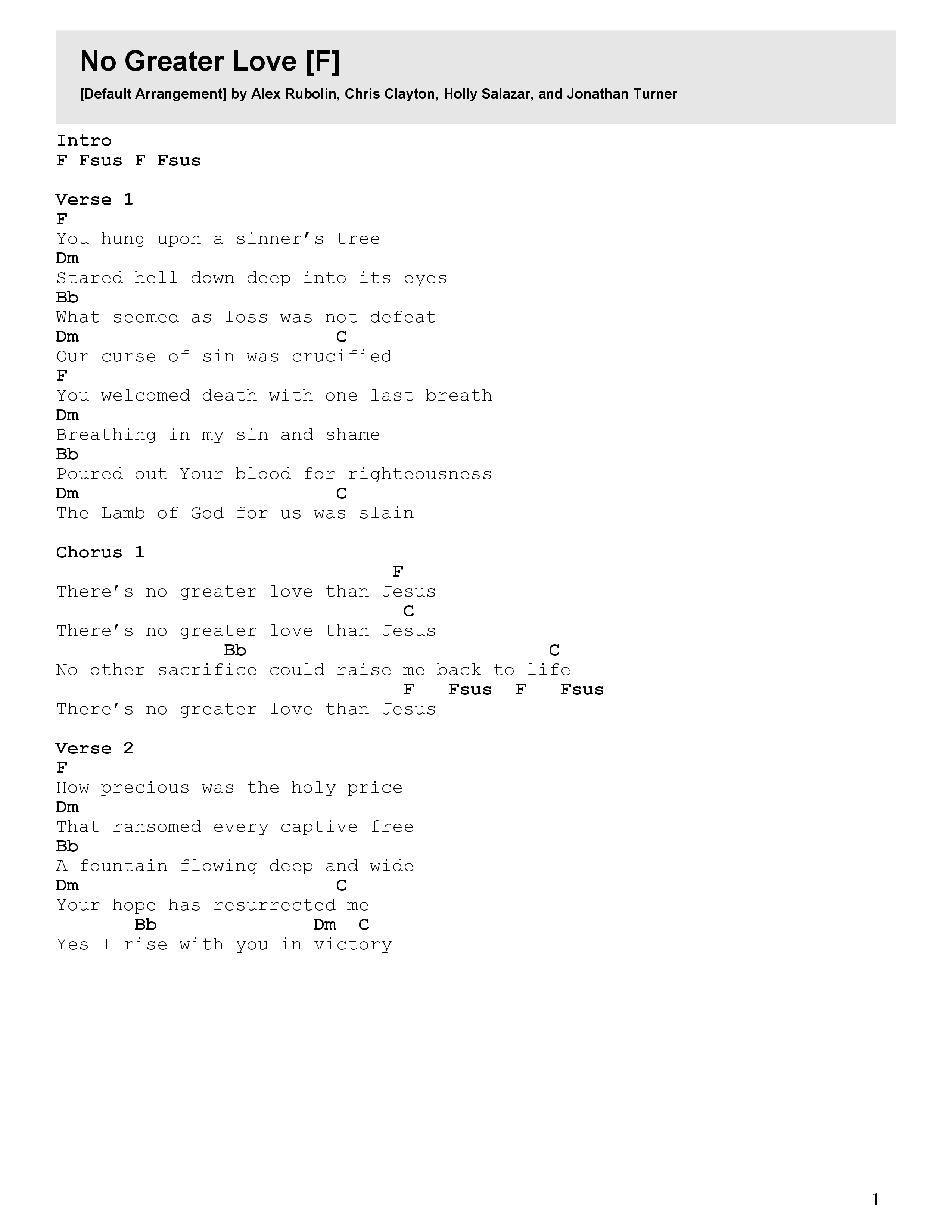 No Greater Love Chord Chart (Jonathan Turner)