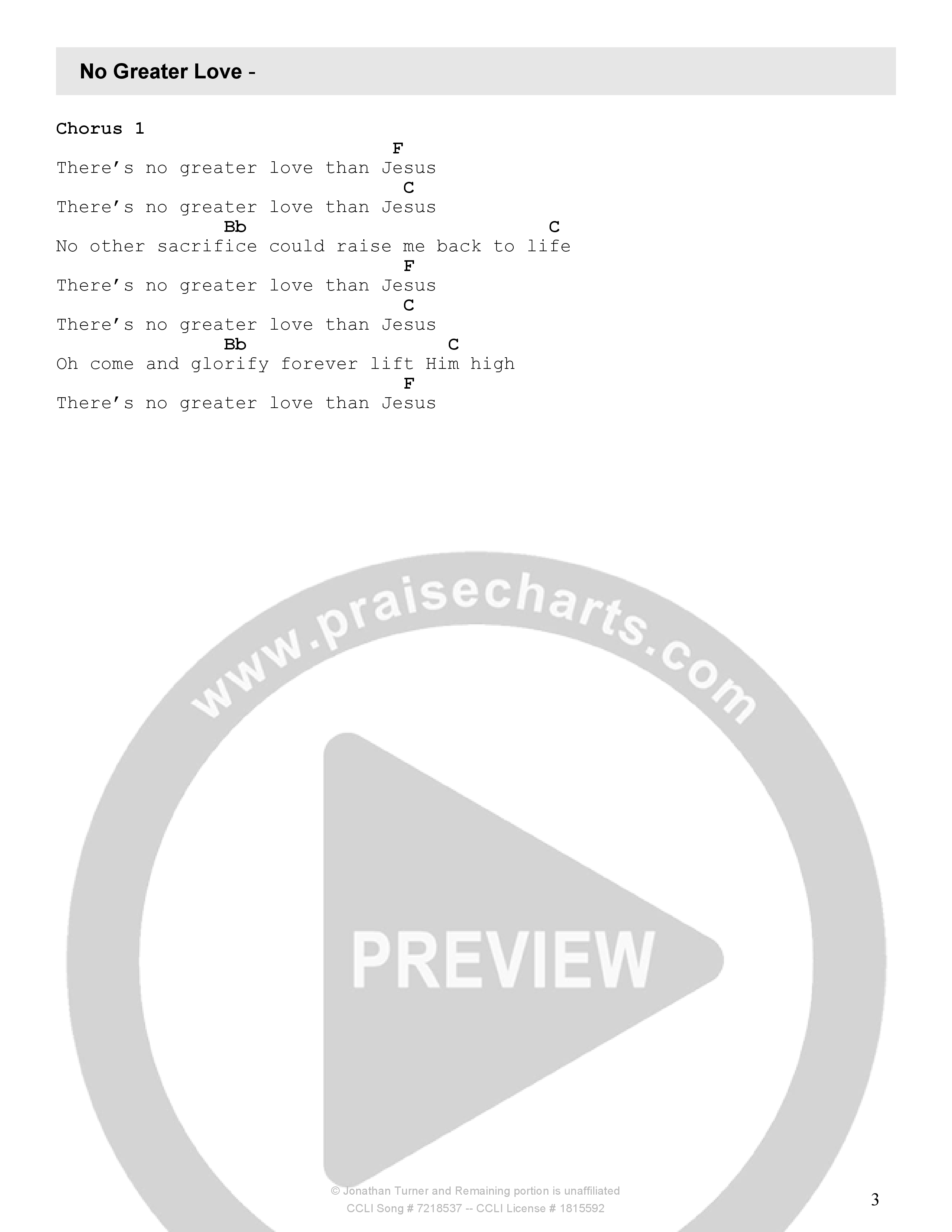 No Greater Love Chord Chart (Jonathan Turner)