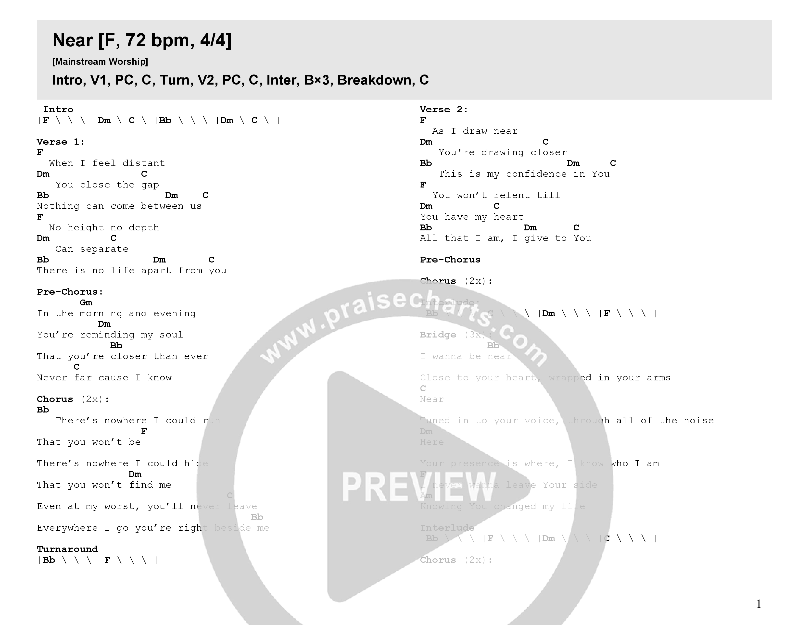Near Chord Chart (Mainstream Worship / Melanie Rivera)
