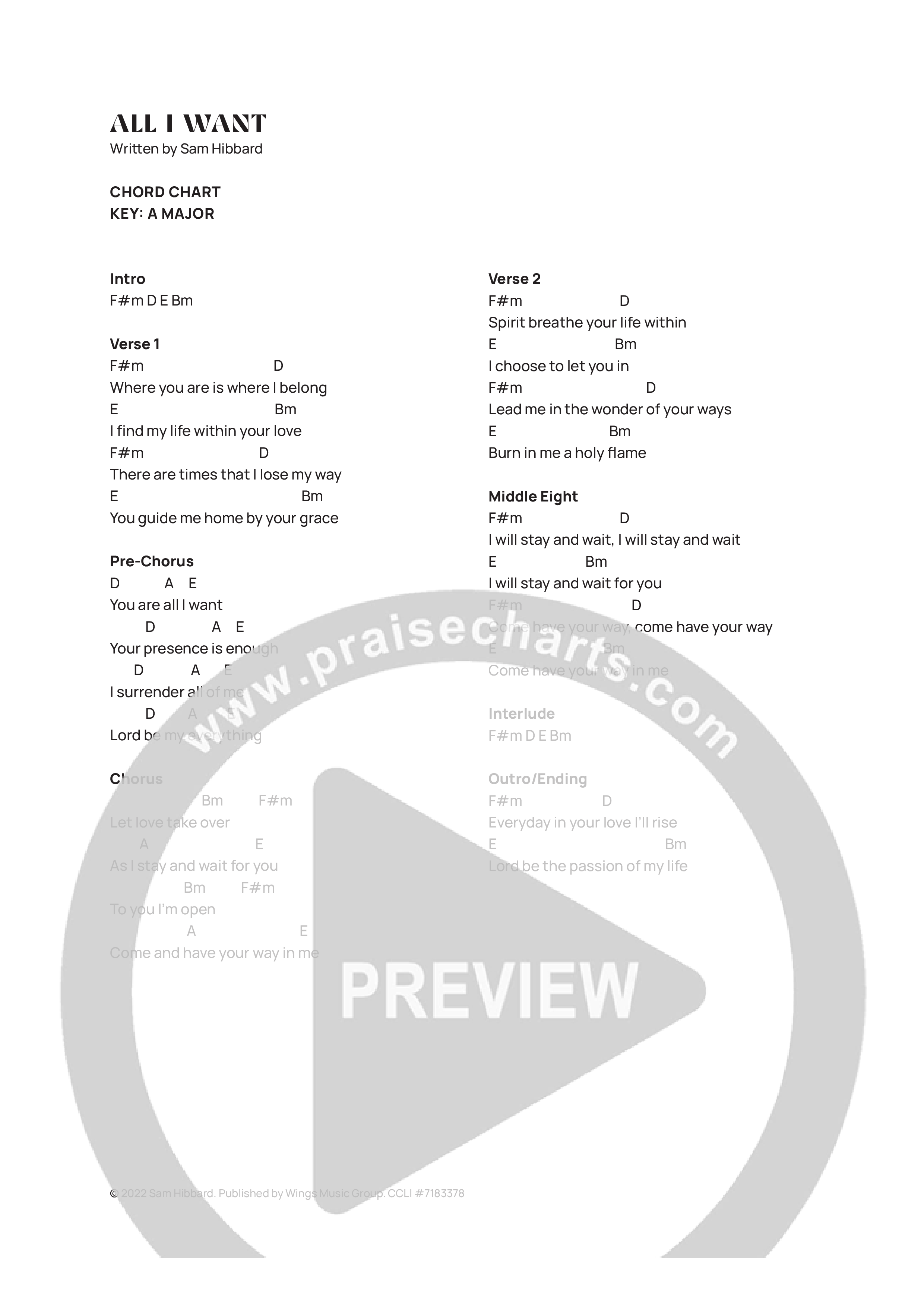 All I Want Chord Chart (Sam Hibbard)