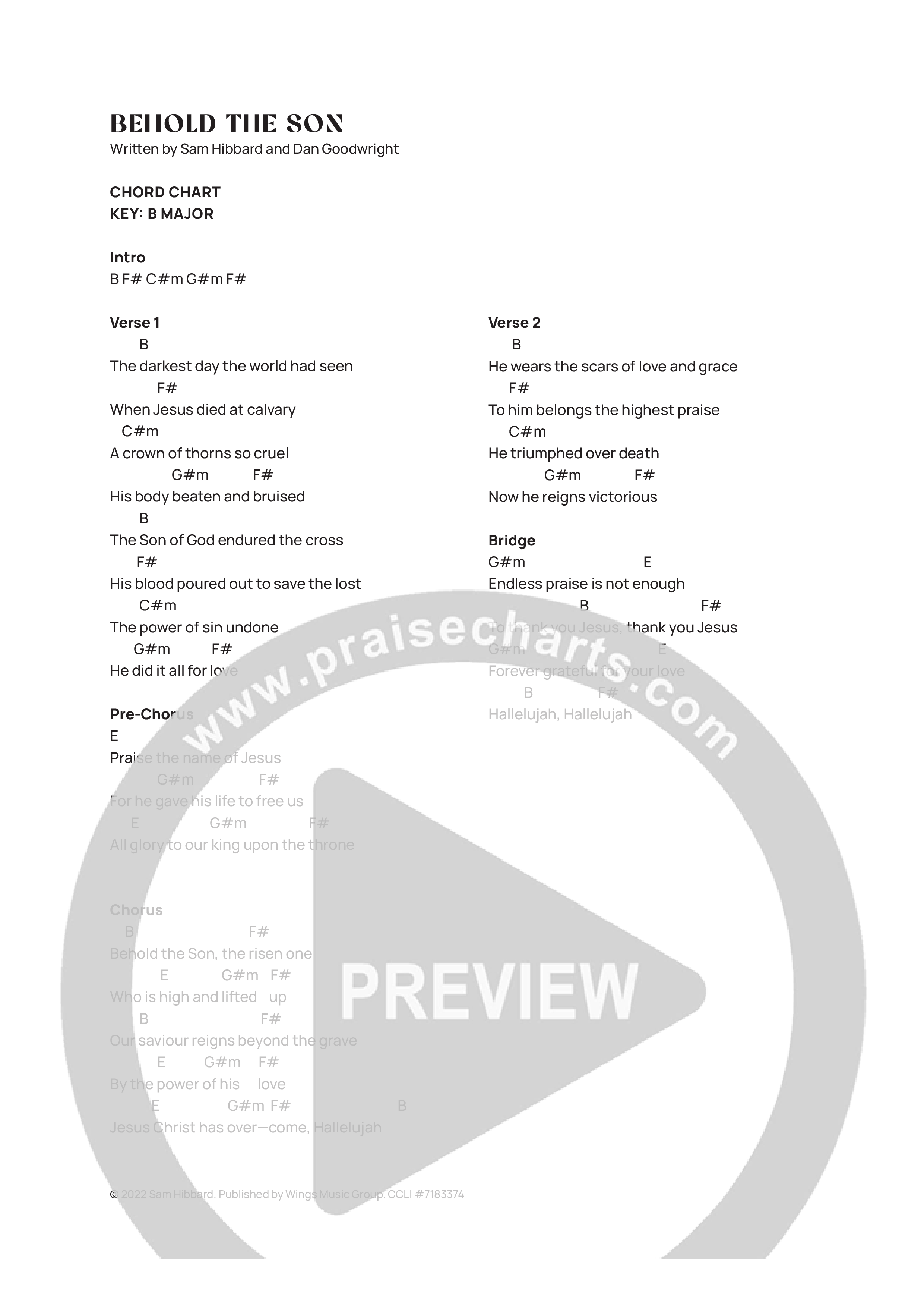 Behold The Son Chord Chart (Sam Hibbard)
