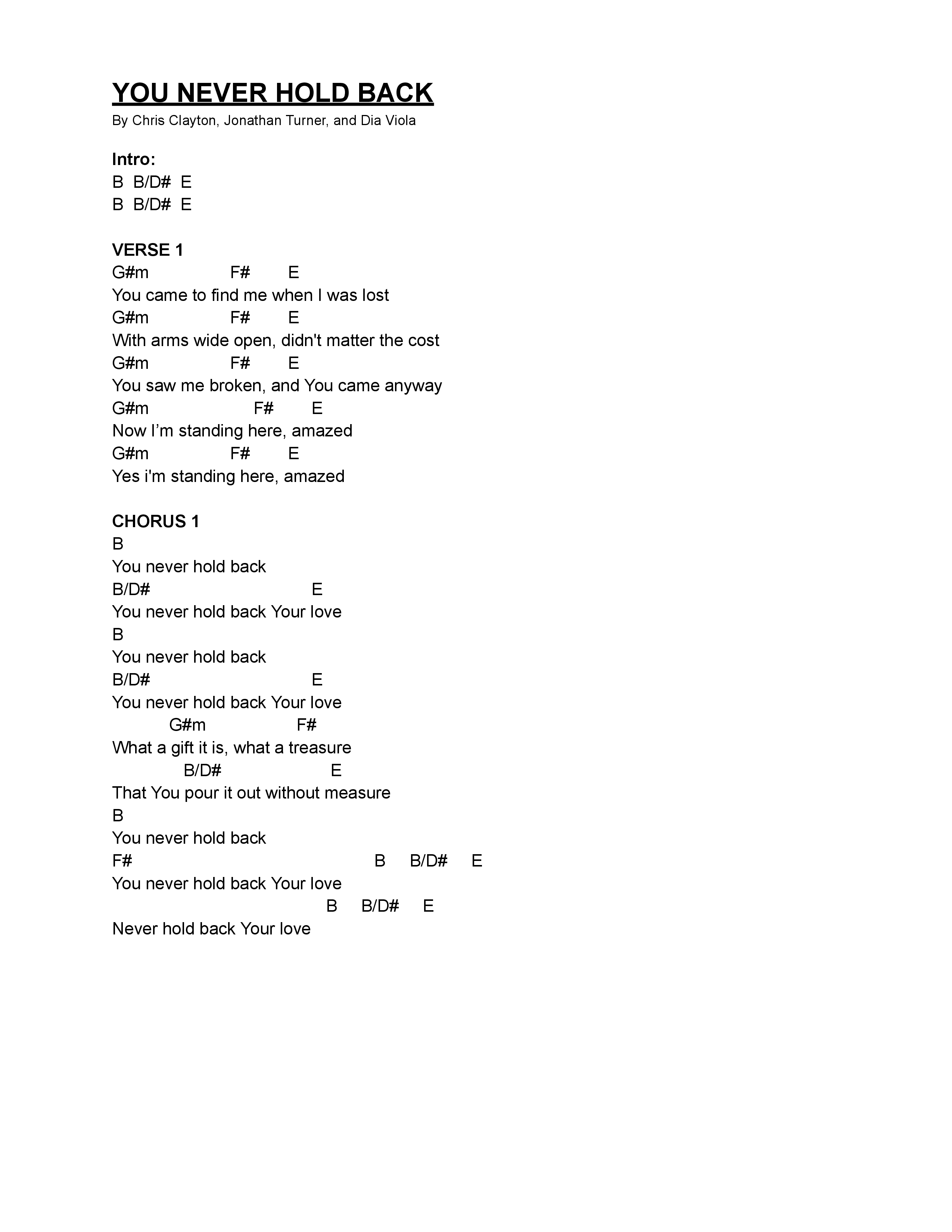 Never Hold Back Chord Chart (Jonathan Turner)