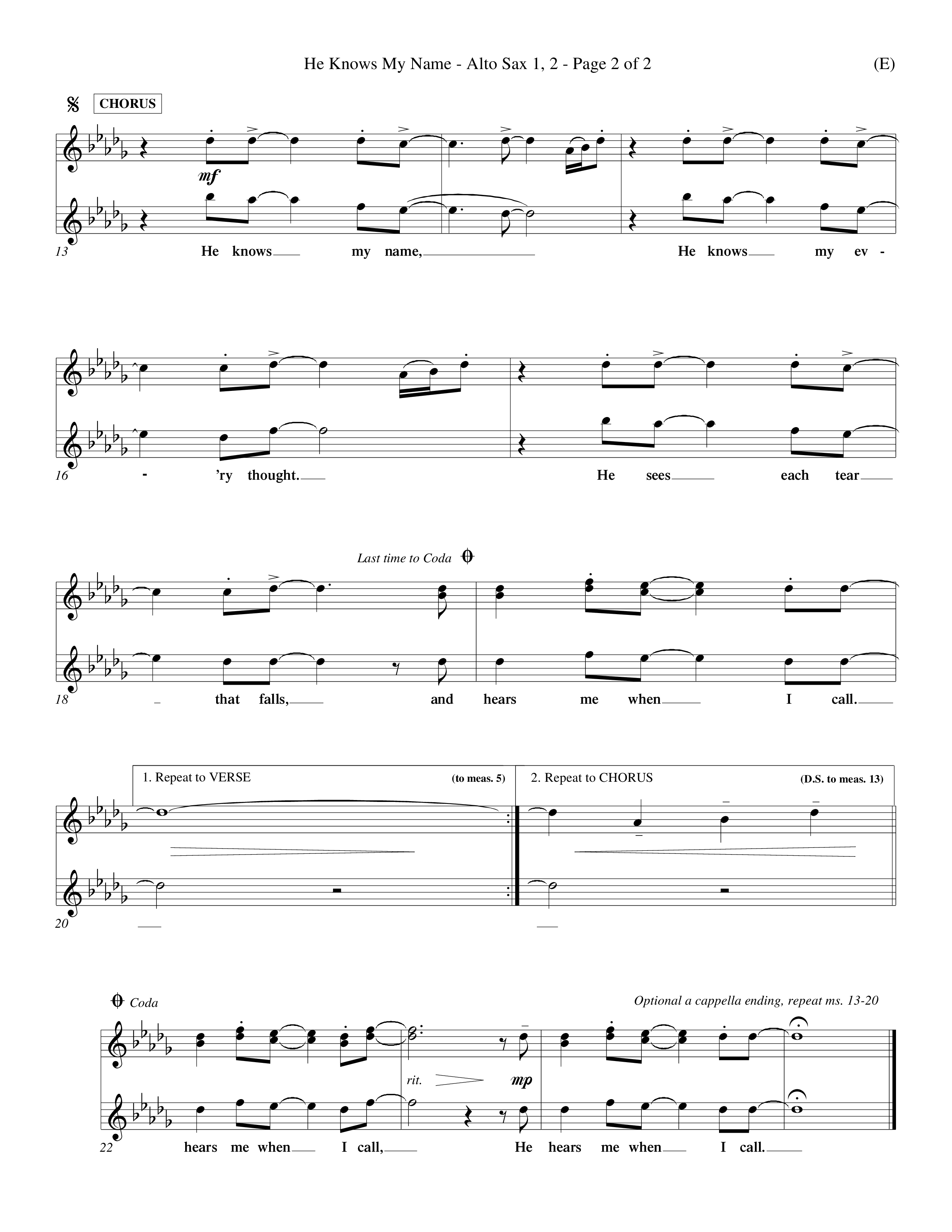 He Knows My Name (Choral Anthem SATB) Alto Sax 1/2 (Word Music Choral / Orch. Billy Payne)