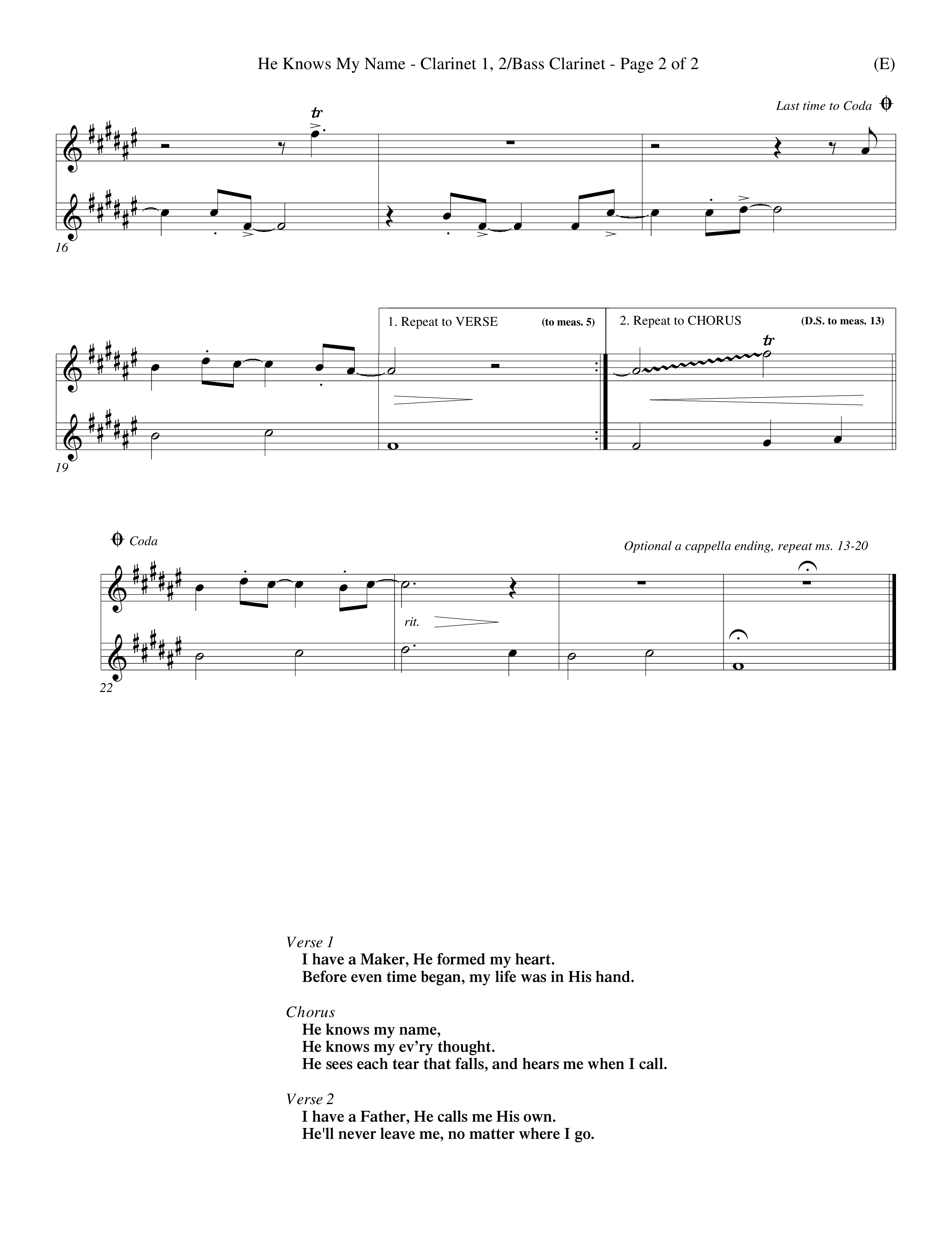 He Knows My Name (Choral Anthem SATB) Clarinet 1/2, Bass Clarinet (Word Music Choral / Orch. Billy Payne)