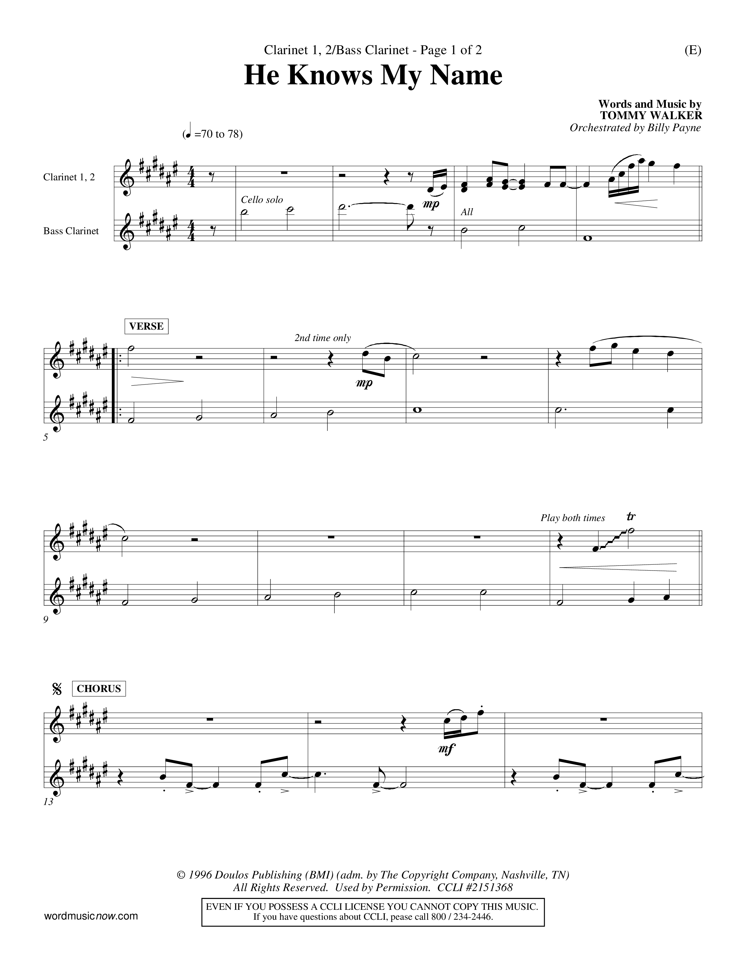 He Knows My Name (Choral Anthem SATB) Clarinet 1/2, Bass Clarinet (Word Music Choral / Orch. Billy Payne)