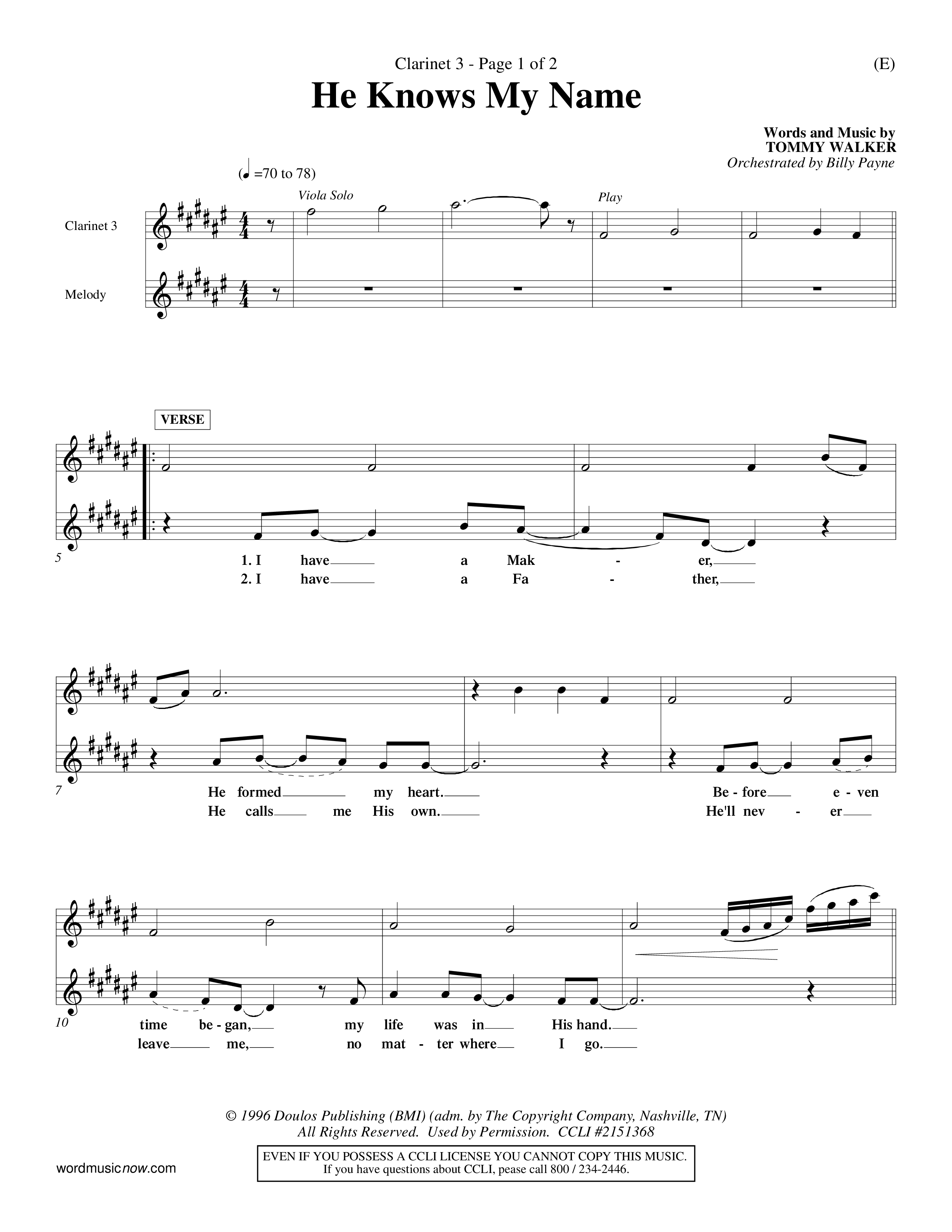 He Knows My Name (Choral Anthem SATB) Clarinet 3 (Word Music Choral / Orch. Billy Payne)