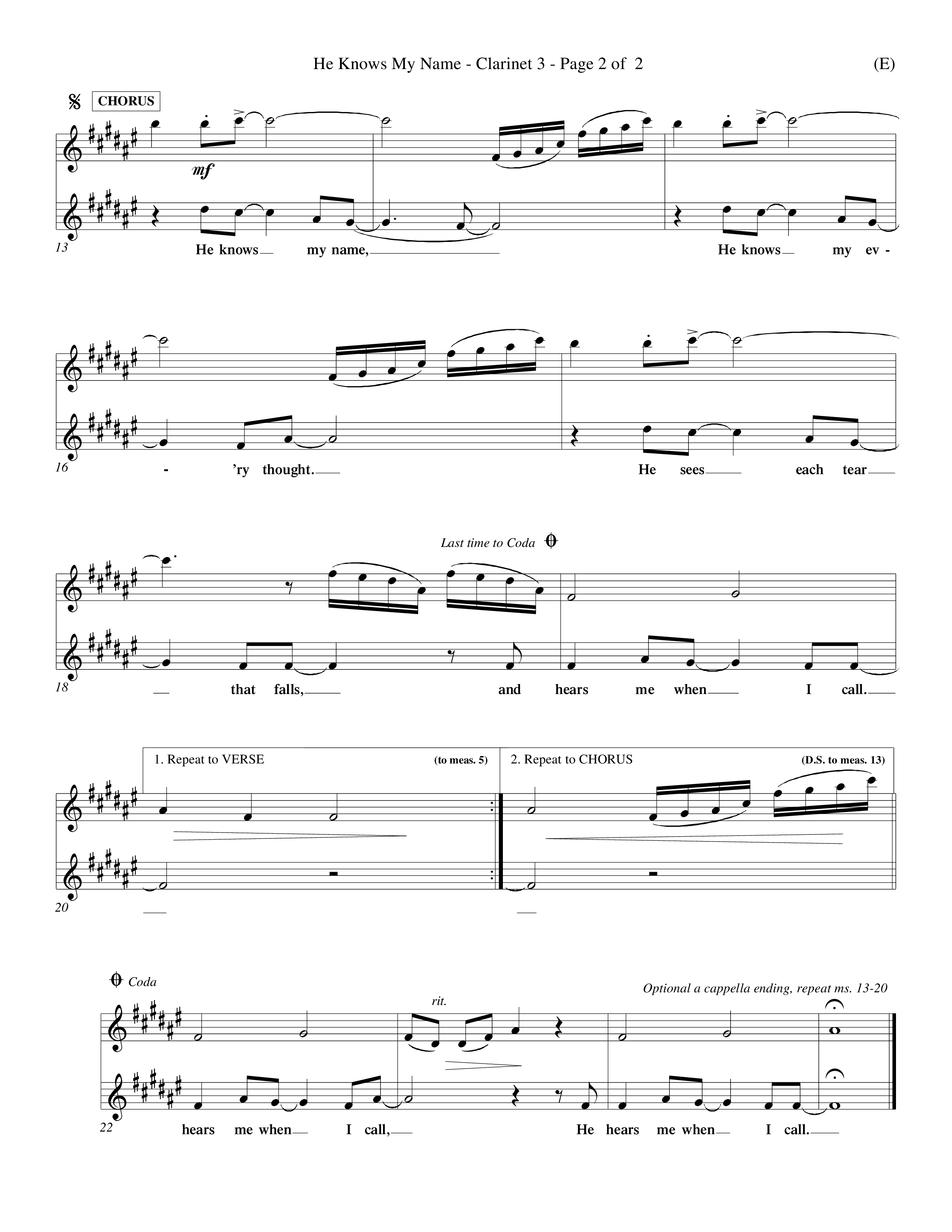He Knows My Name (Choral Anthem SATB) Clarinet 3 (Word Music Choral / Orch. Billy Payne)
