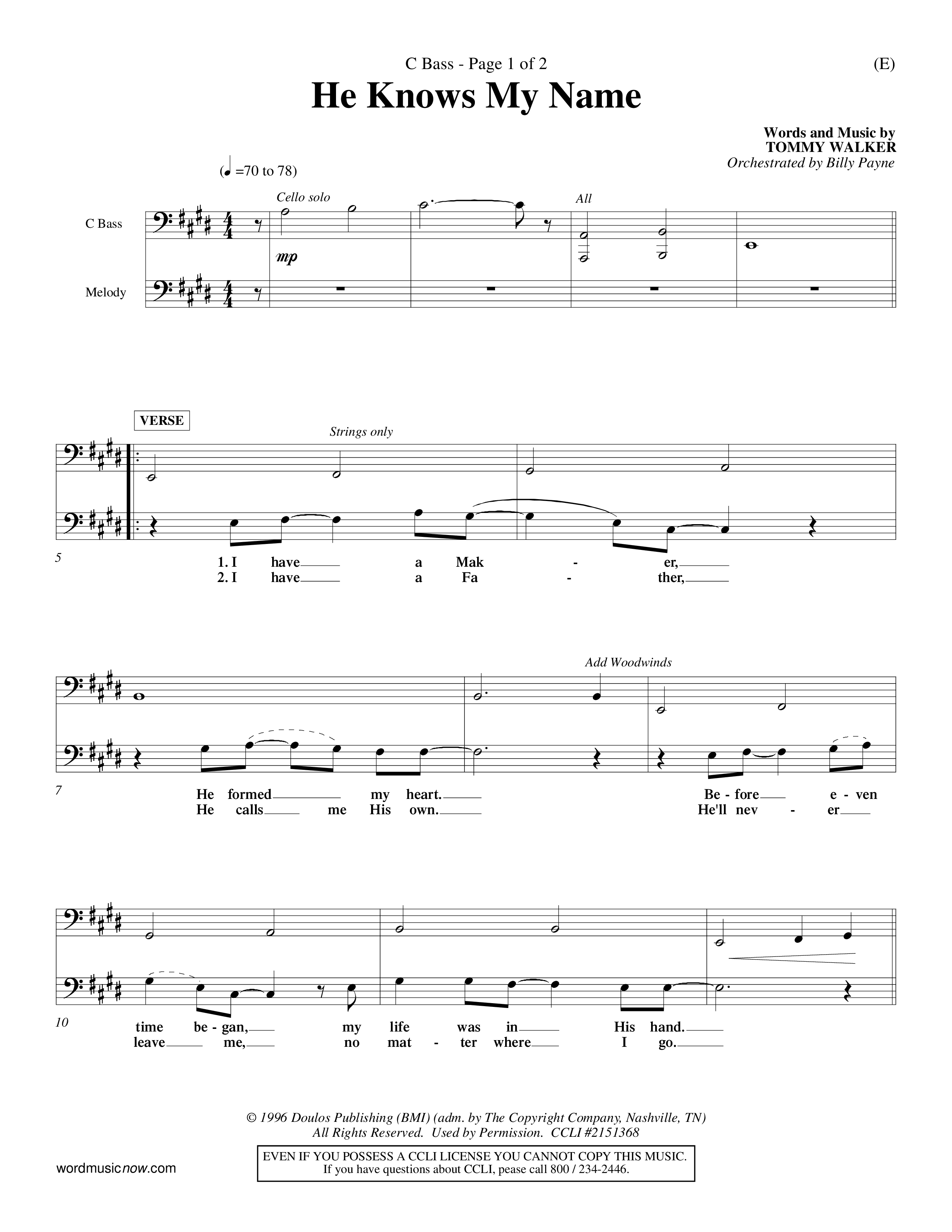 He Knows My Name (Choral Anthem SATB) Contrabass (Word Music Choral / Orch. Billy Payne)