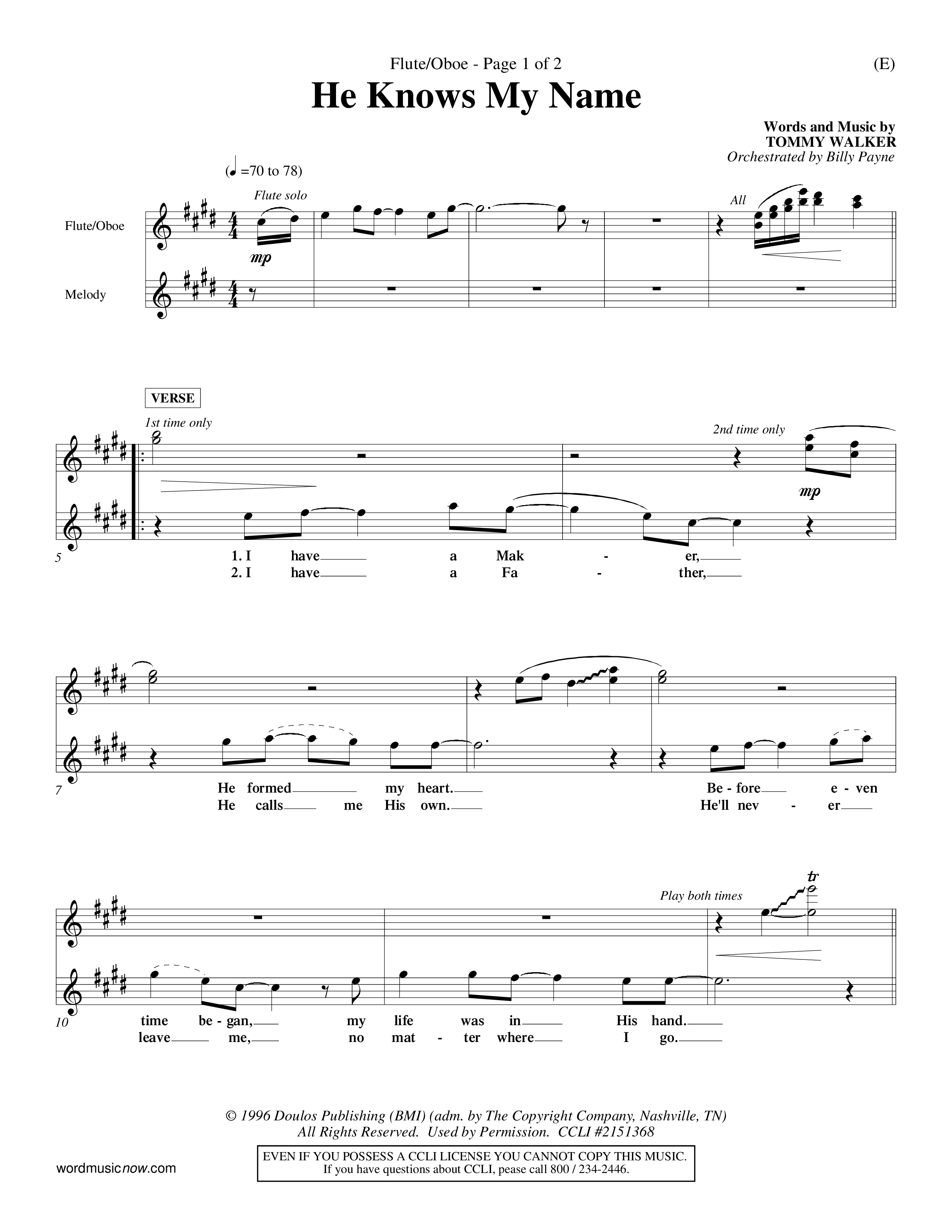 He Knows My Name (Choral Anthem SATB) Flute/Oboe (Word Music Choral / Orch. Billy Payne)