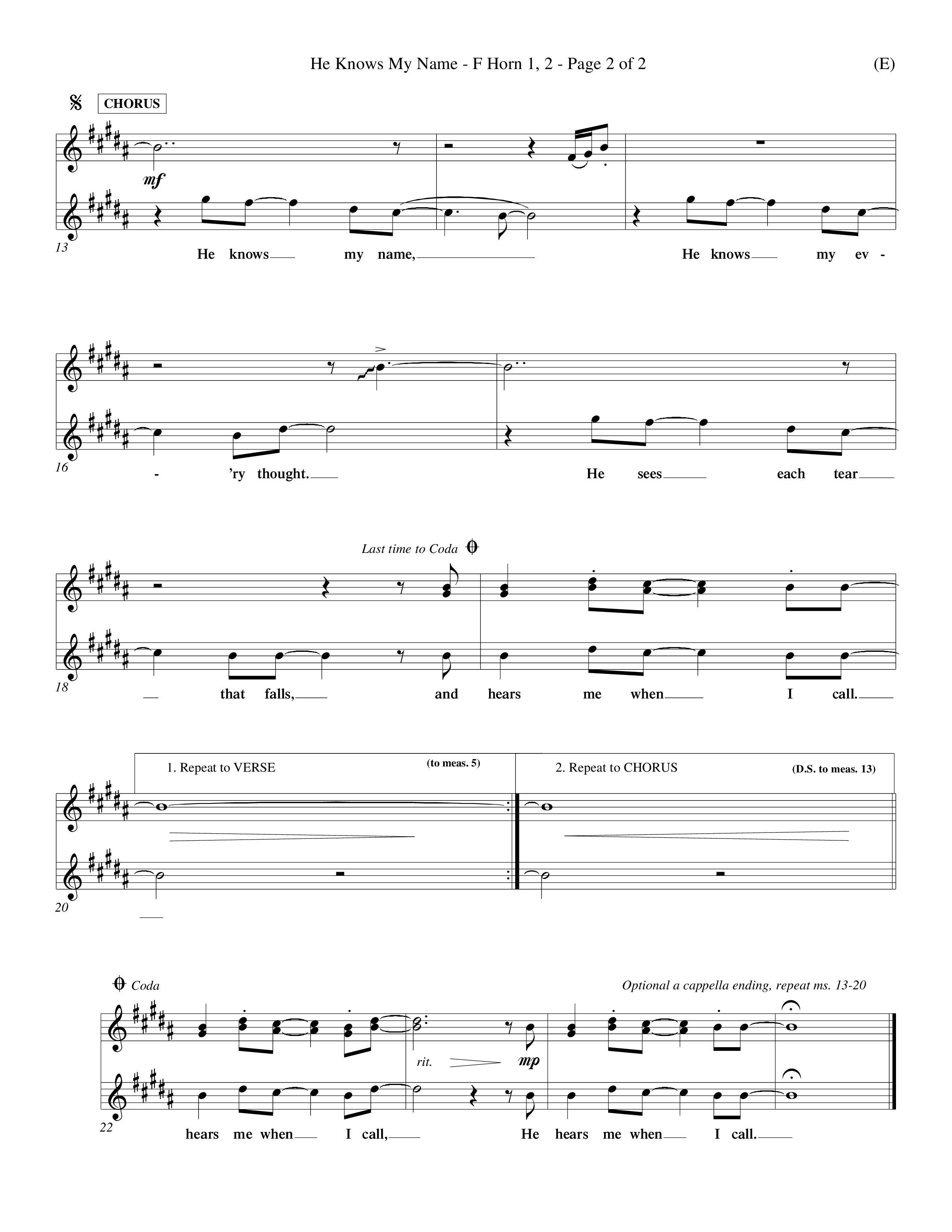 He Knows My Name (Choral Anthem SATB) French Horn (Word Music Choral / Orch. Billy Payne)