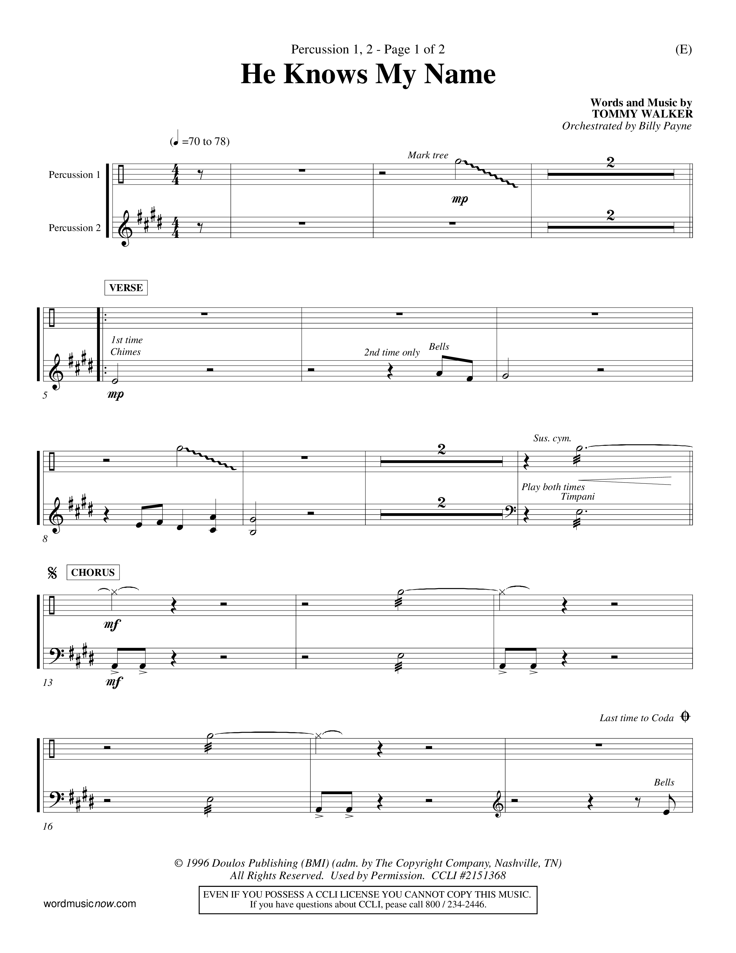 He Knows My Name (Choral Anthem SATB) Percussion 1/2 (Word Music Choral / Orch. Billy Payne)