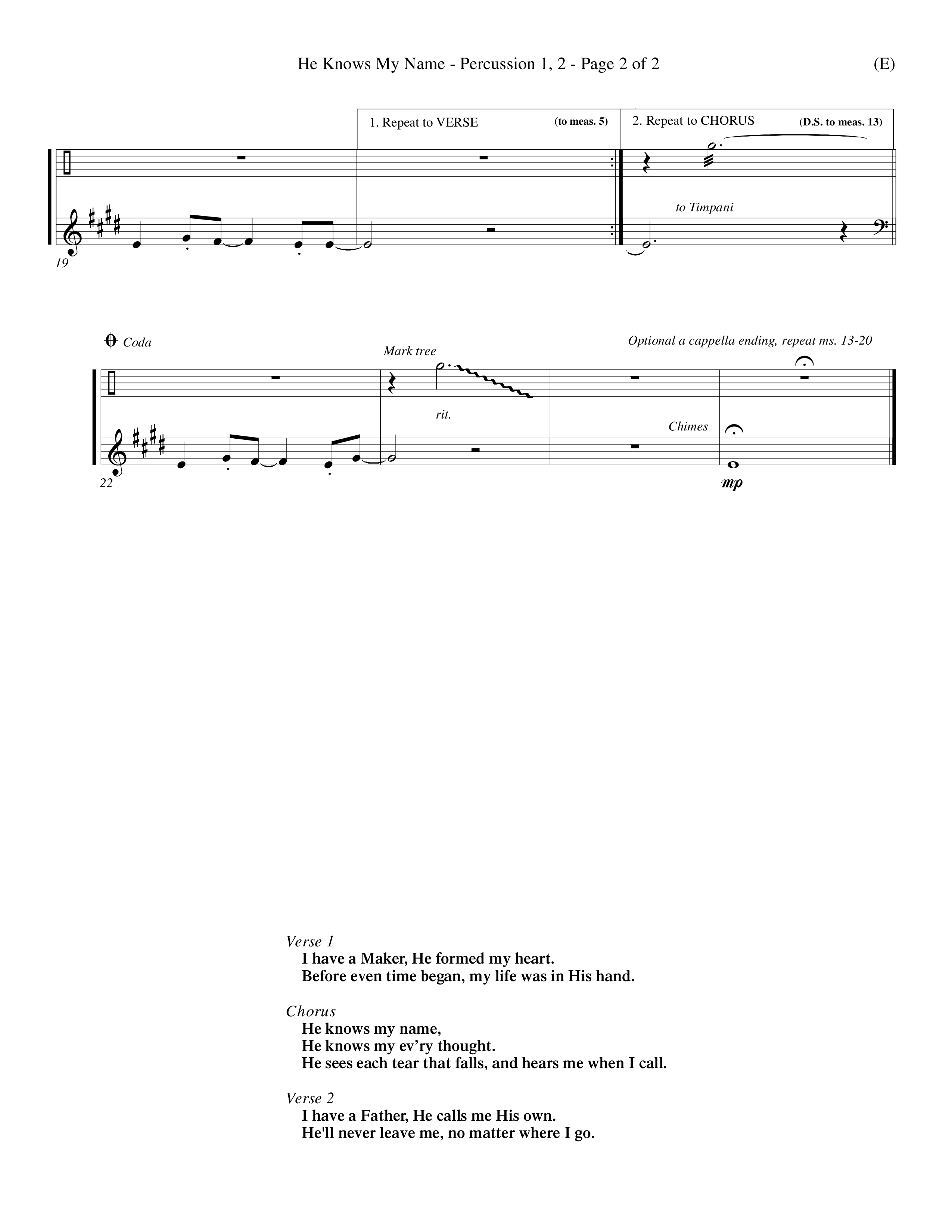 He Knows My Name (Choral Anthem SATB) Percussion 1/2 (Word Music Choral / Orch. Billy Payne)