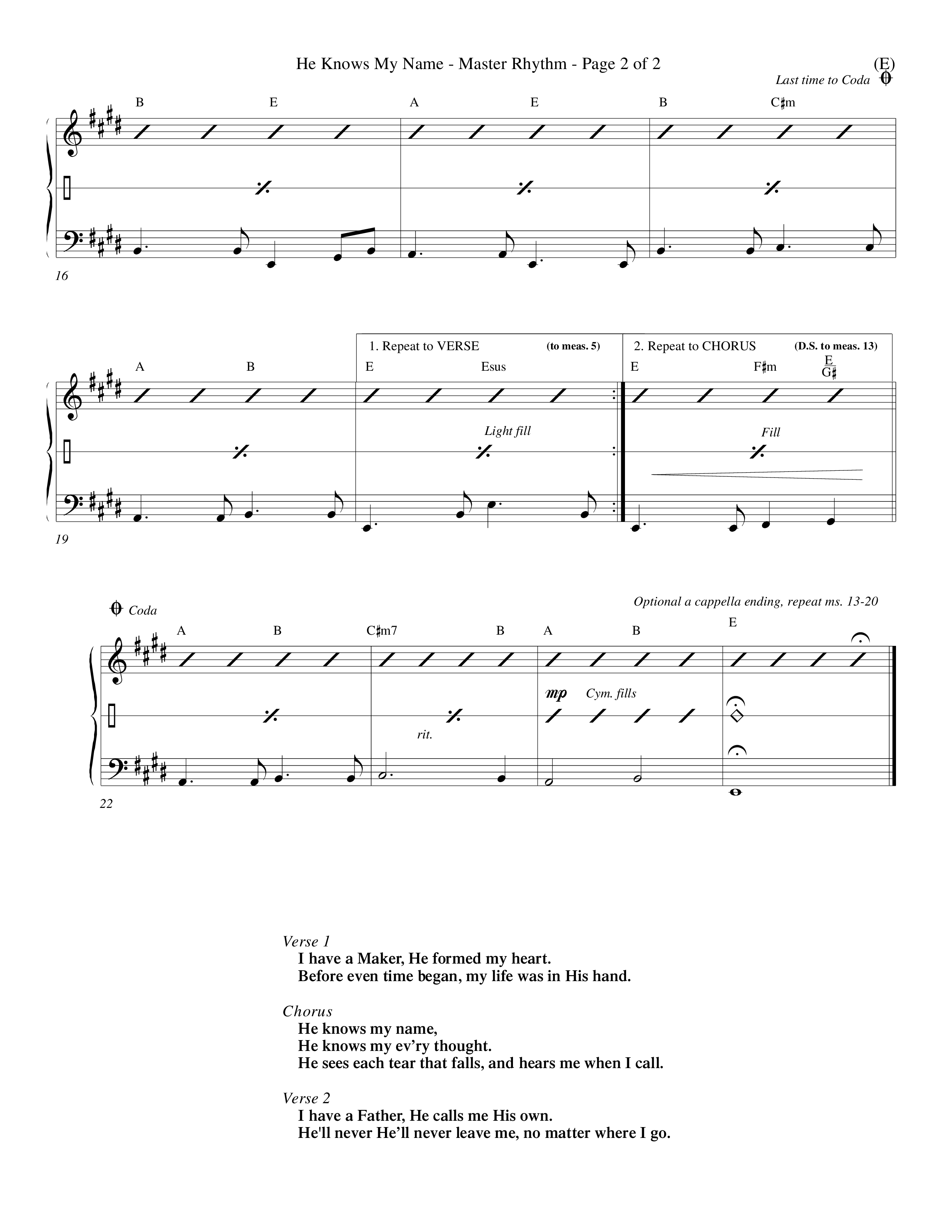 He Knows My Name (Choral Anthem SATB) Rhythm Chart (Word Music Choral / Orch. Billy Payne)