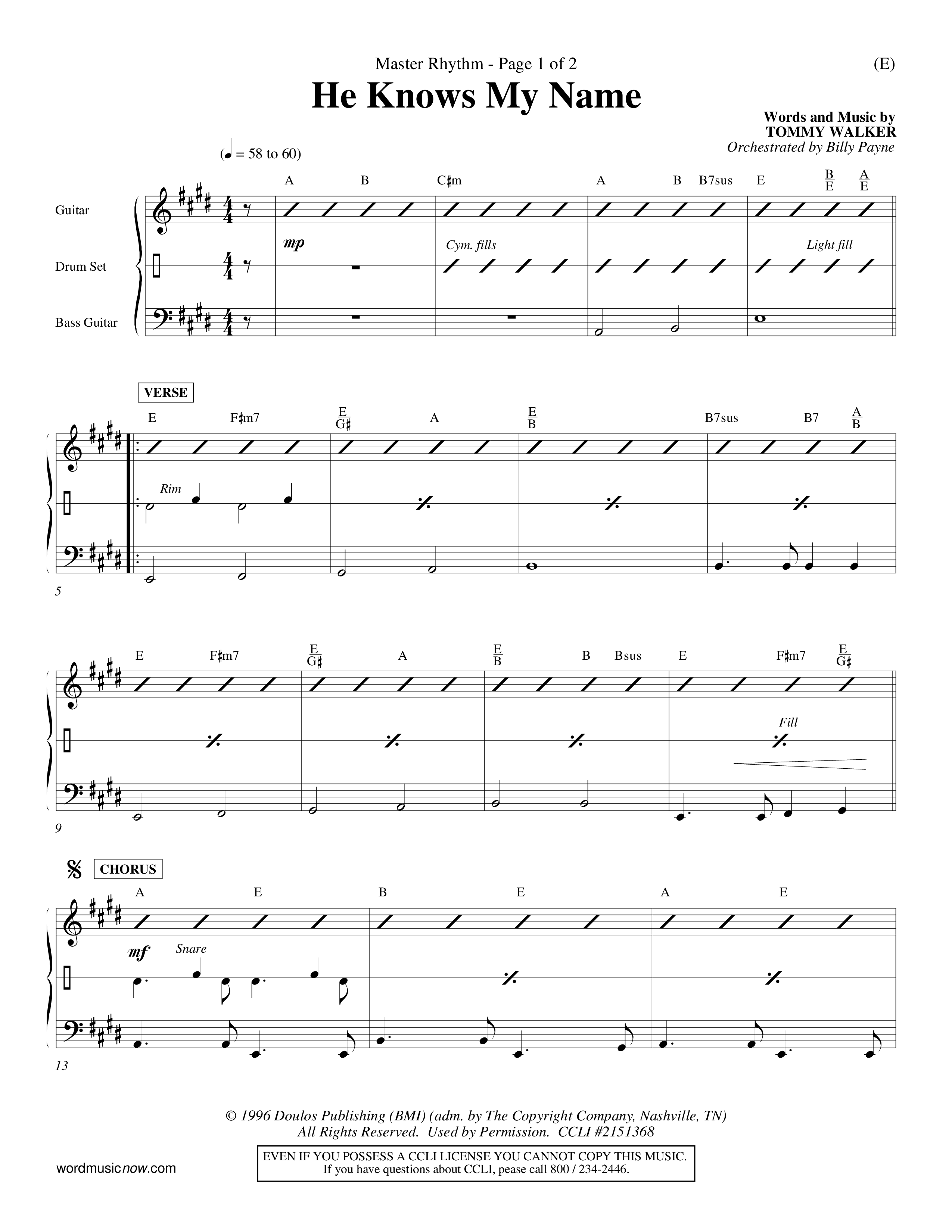 He Knows My Name (Choral Anthem SATB) Rhythm Chart (Word Music Choral / Orch. Billy Payne)