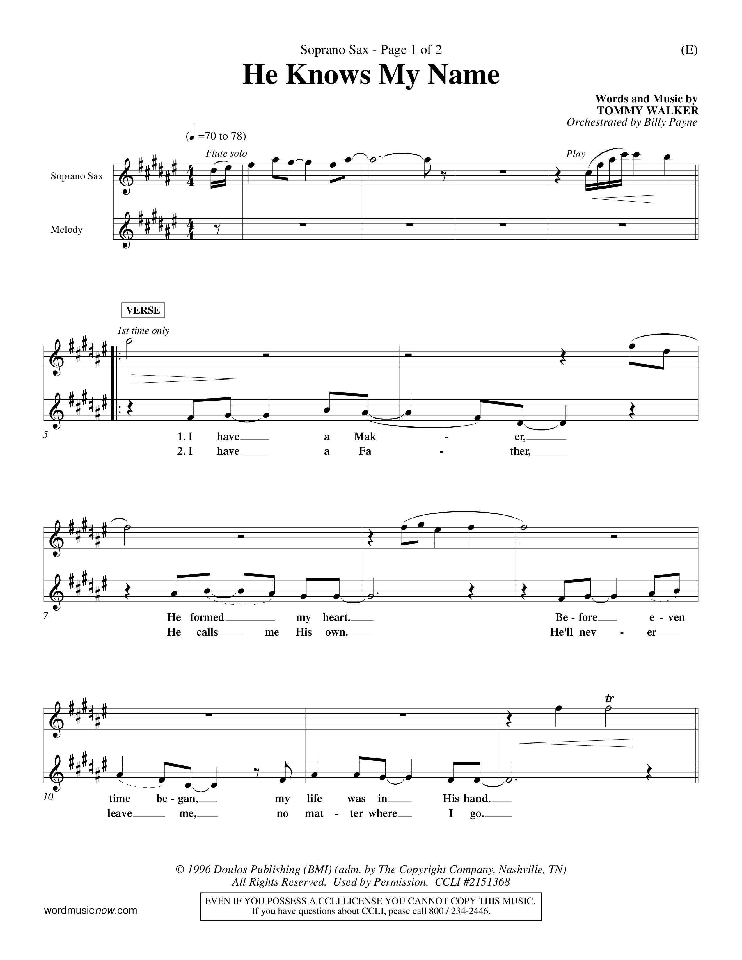 He Knows My Name (Choral Anthem SATB) Saxophone (Word Music Choral / Orch. Billy Payne)