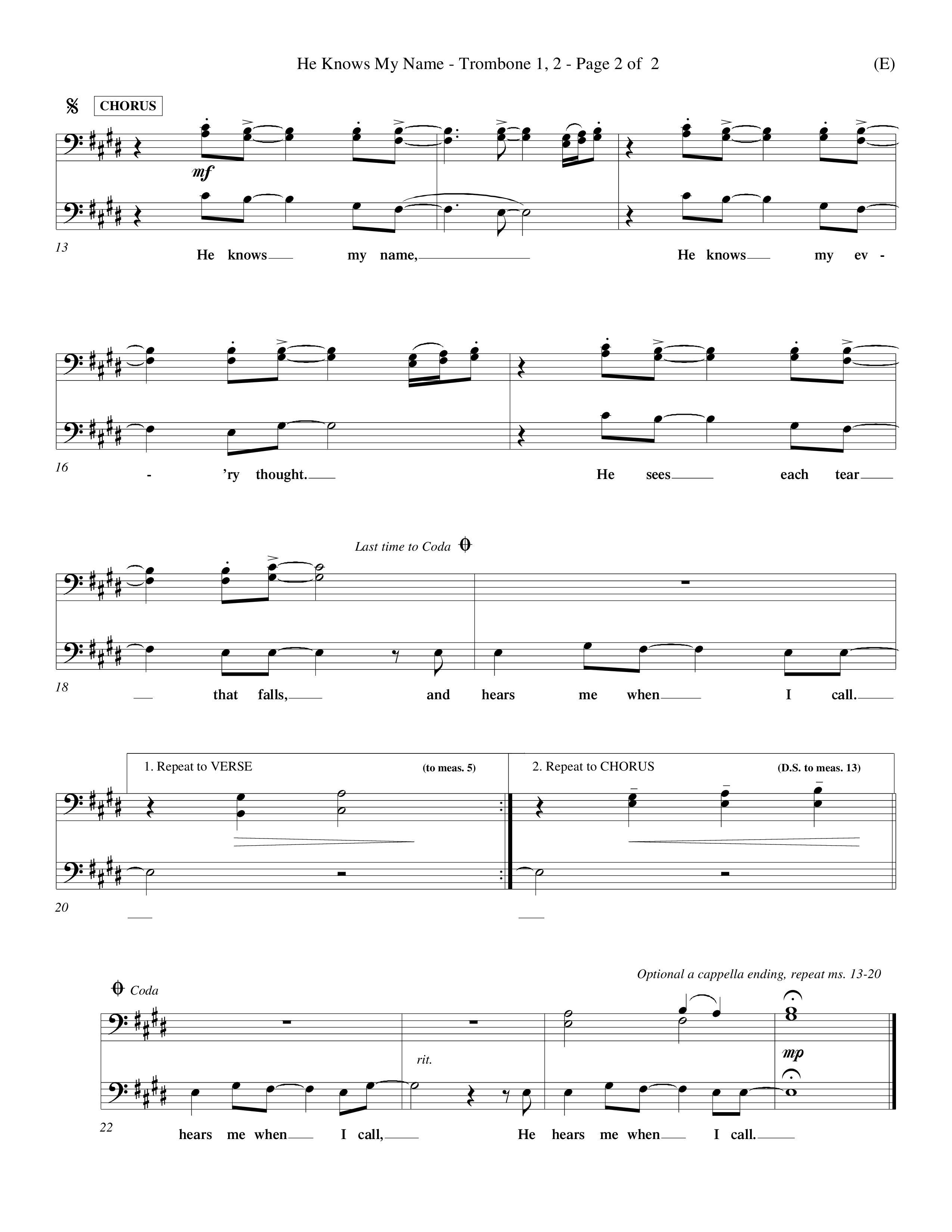 He Knows My Name (Choral Anthem SATB) Trombone 1/2 (Word Music Choral / Orch. Billy Payne)