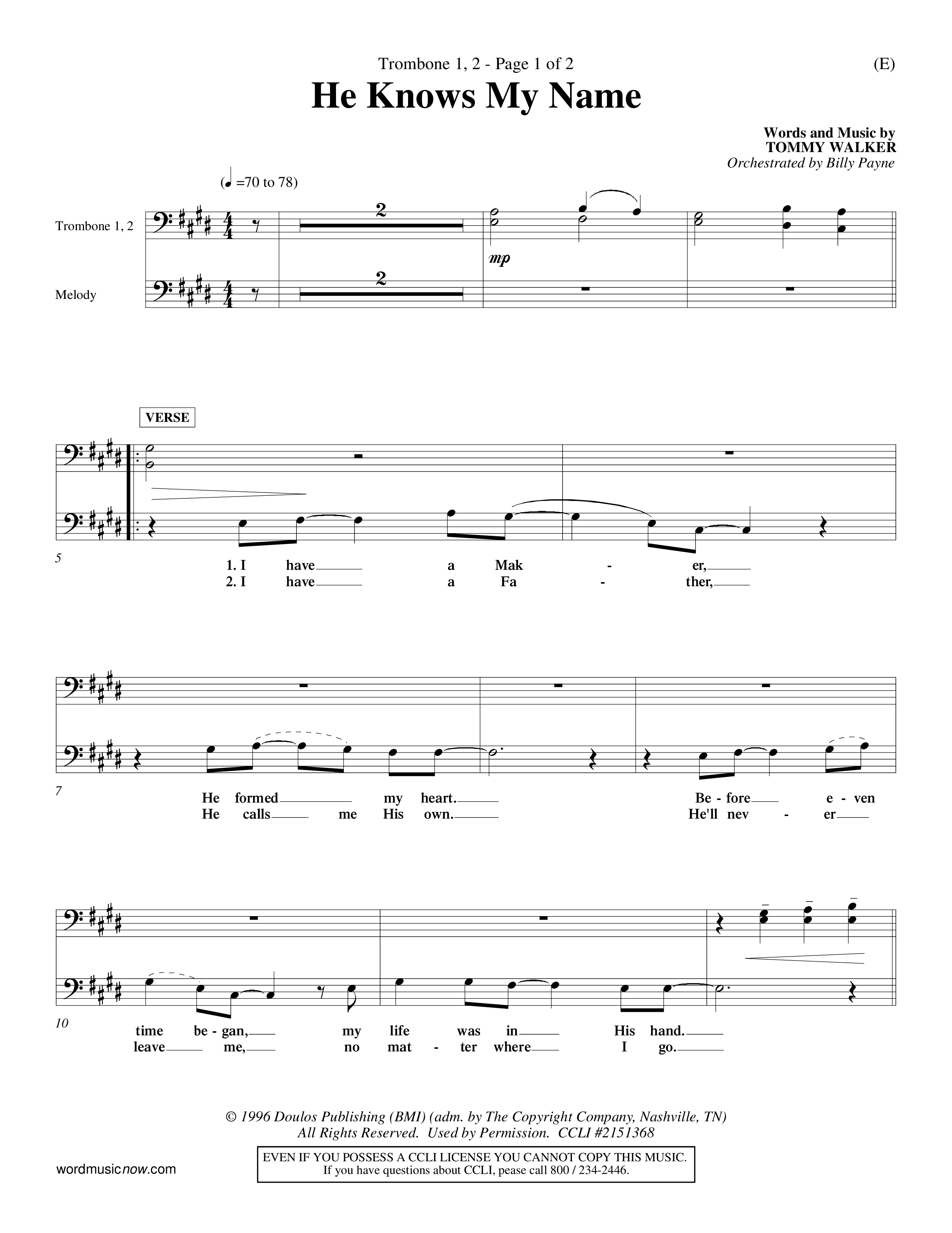 He Knows My Name (Choral Anthem SATB) Trombone 1/2 (Word Music Choral / Orch. Billy Payne)