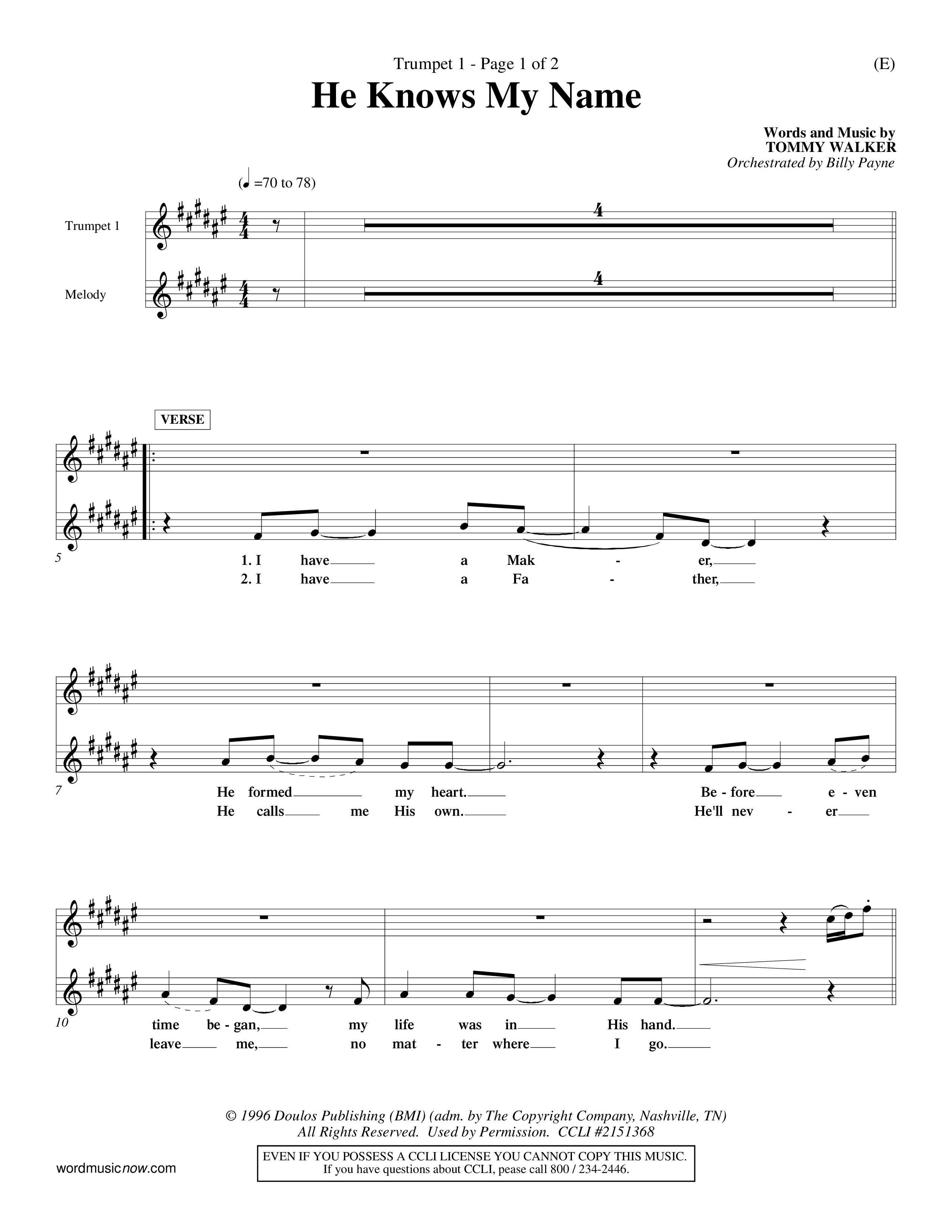 He Knows My Name (Choral Anthem SATB) Trumpet 1 (Word Music Choral / Orch. Billy Payne)