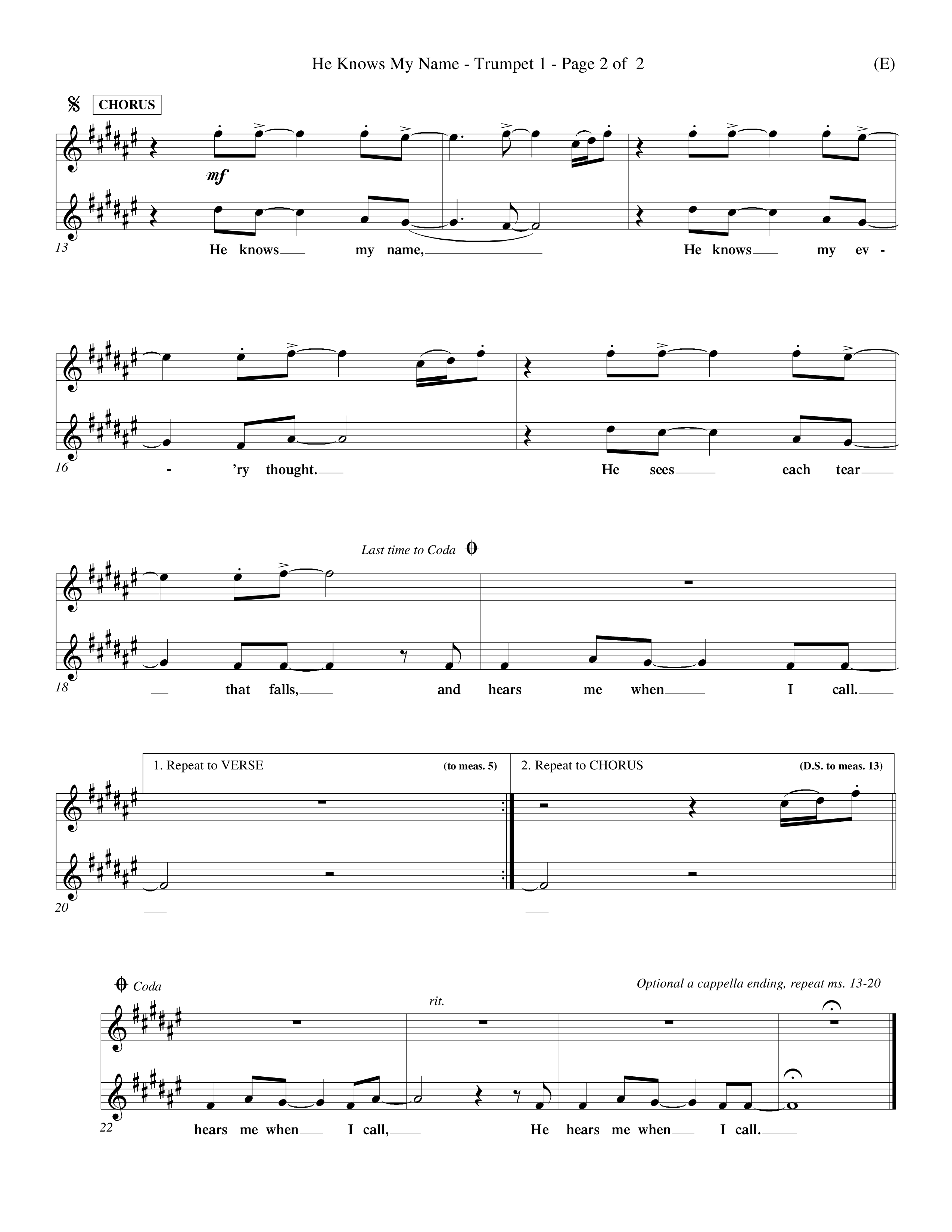 He Knows My Name (Choral Anthem SATB) Trumpet 1 (Word Music Choral / Orch. Billy Payne)