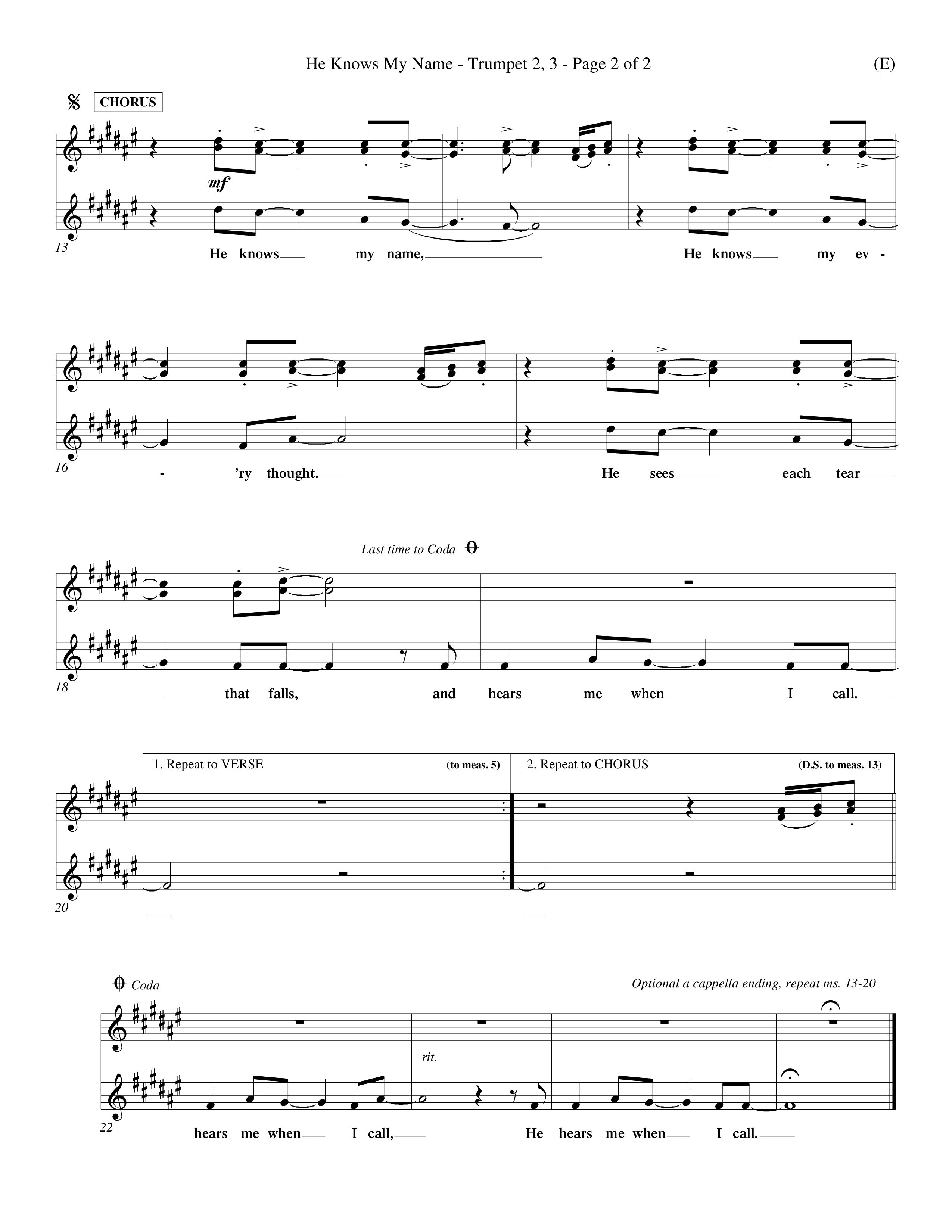 He Knows My Name (Choral Anthem SATB) Trumpet 2/3 (Word Music Choral / Orch. Billy Payne)
