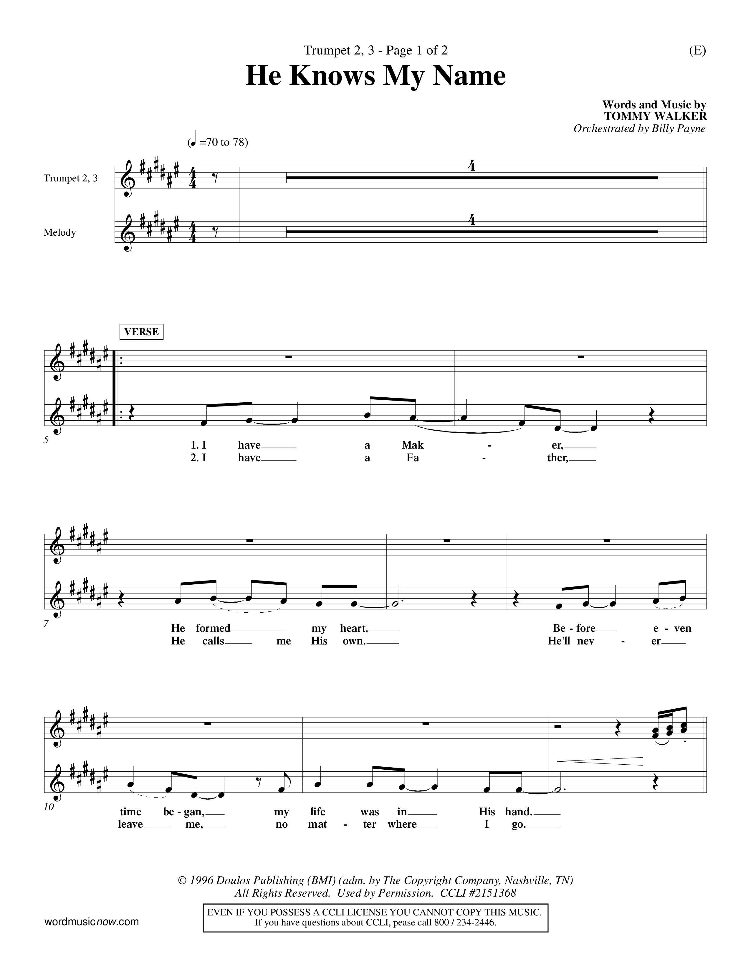 He Knows My Name (Choral Anthem SATB) Trumpet 2/3 (Word Music Choral / Orch. Billy Payne)