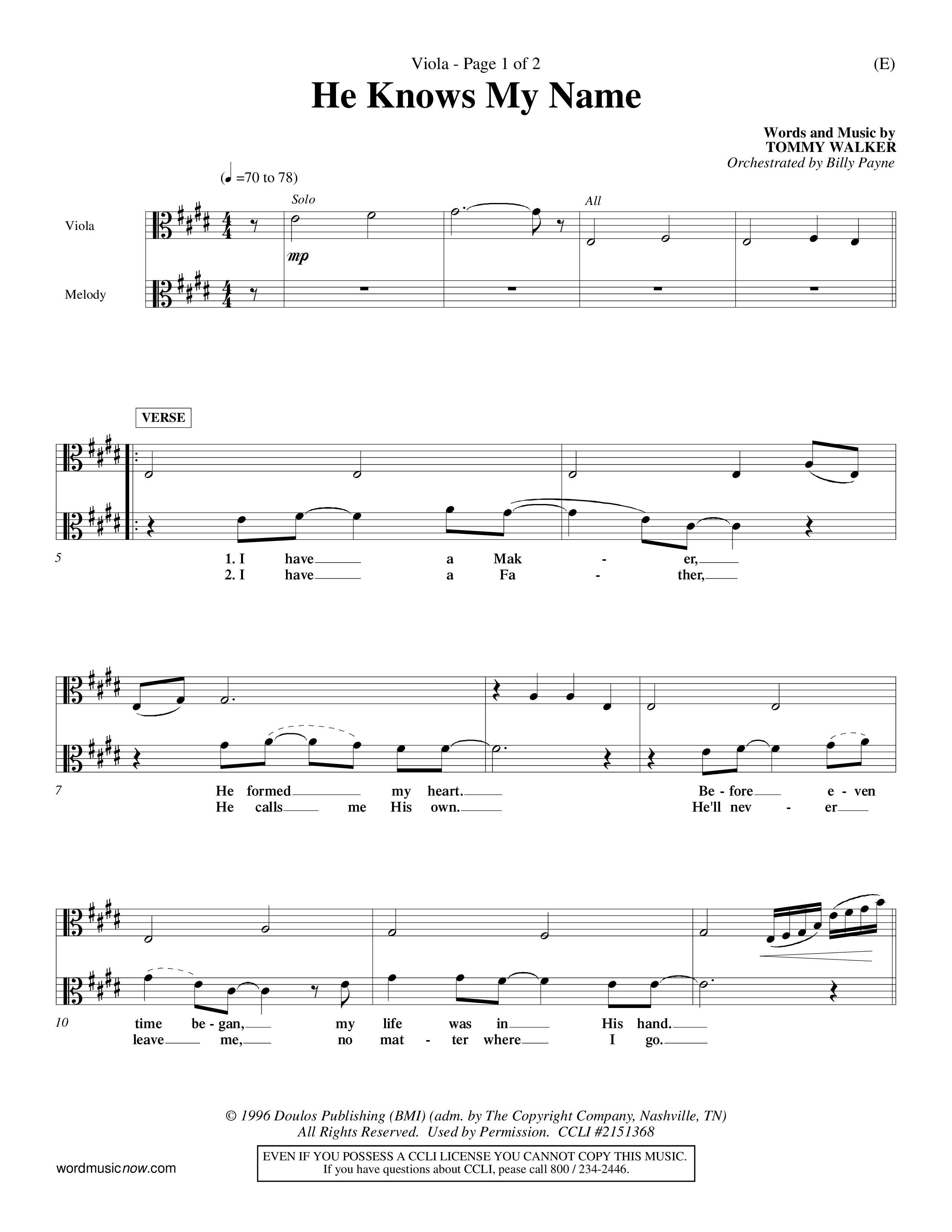 He Knows My Name (Choral Anthem SATB) Viola (Word Music Choral / Orch. Billy Payne)