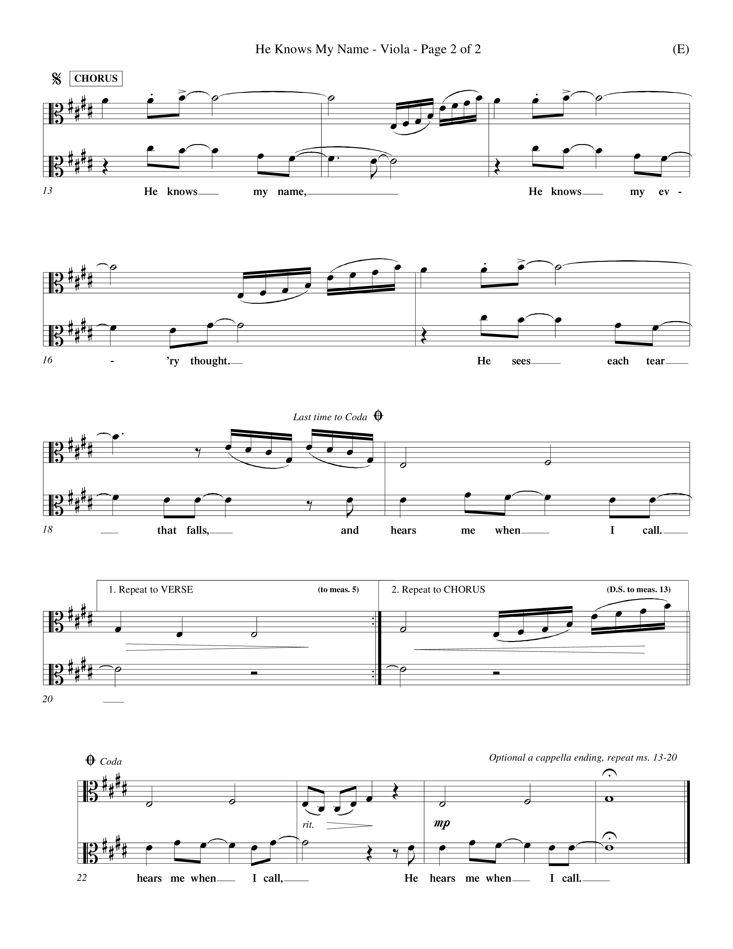 He Knows My Name (Choral Anthem SATB) Viola (Word Music Choral / Orch. Billy Payne)