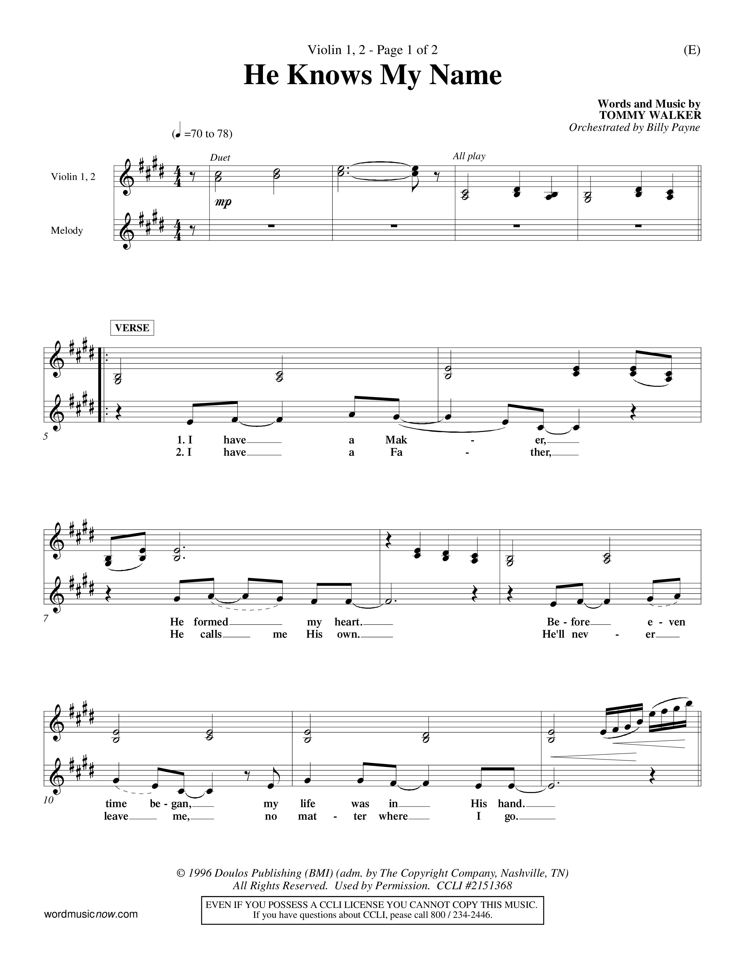 He Knows My Name (Choral Anthem SATB) Violin 1/2 (Word Music Choral / Orch. Billy Payne)
