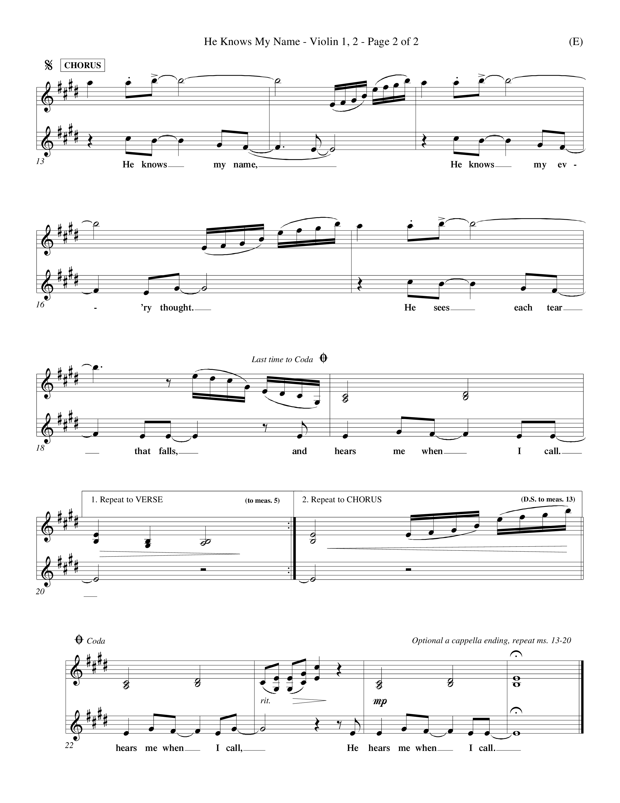 He Knows My Name (Choral Anthem SATB) Violin 1/2 (Word Music Choral / Orch. Billy Payne)