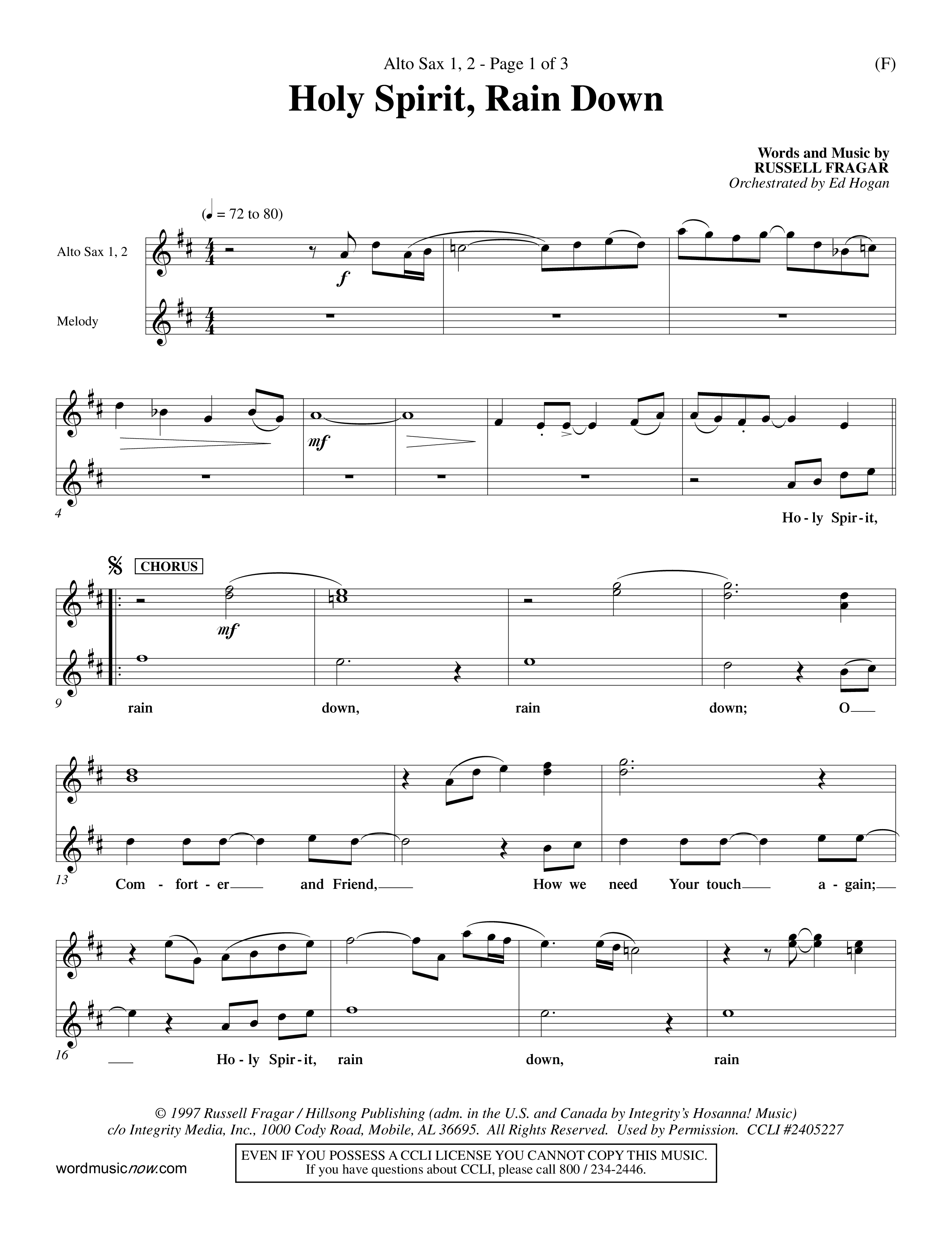 Holy Spirit Rain Down (Choral Anthem SATB) Alto Sax 1/2 (Word Music Choral / Orch. Ed Hogan)