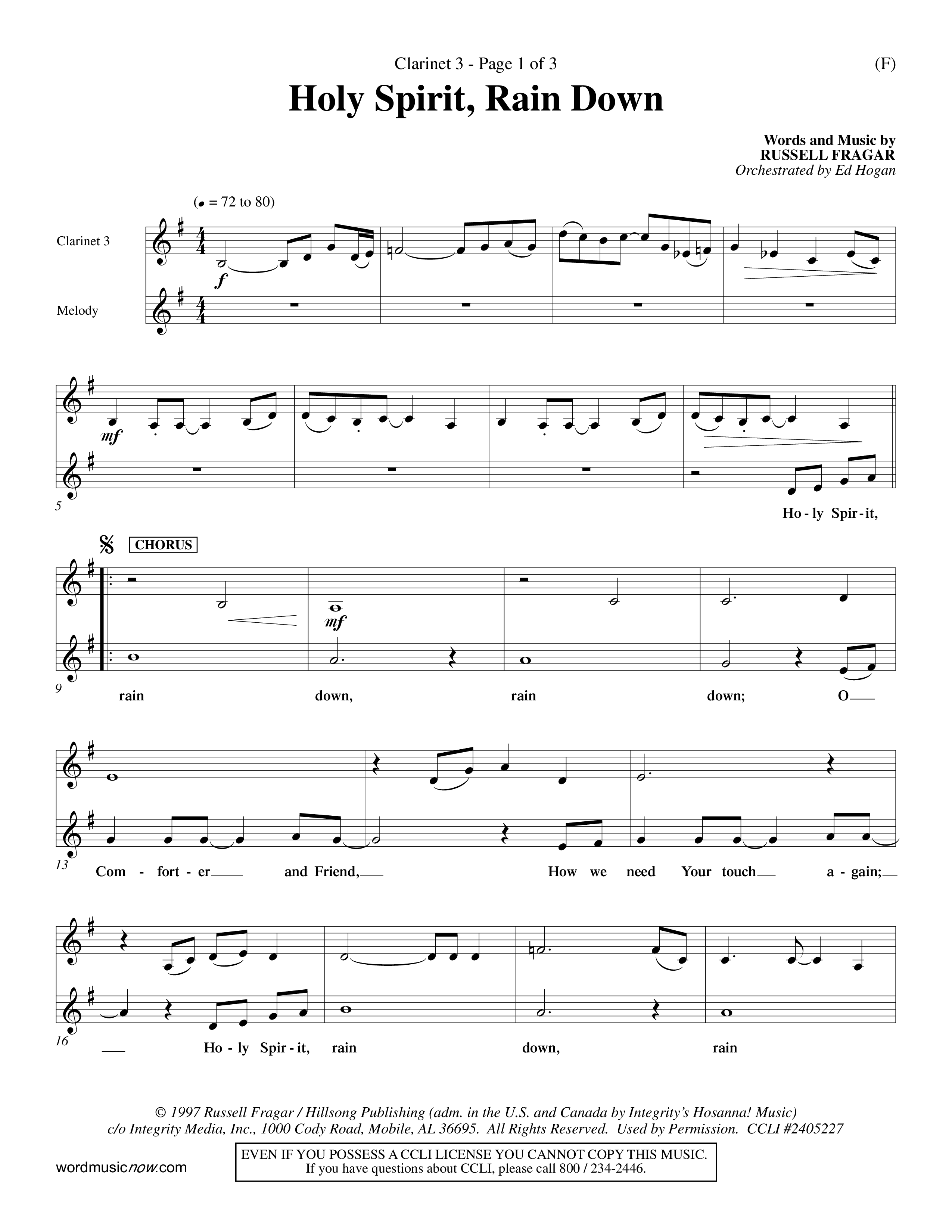 Holy Spirit Rain Down (Choral Anthem SATB) Clarinet 3 (Word Music Choral / Orch. Ed Hogan)