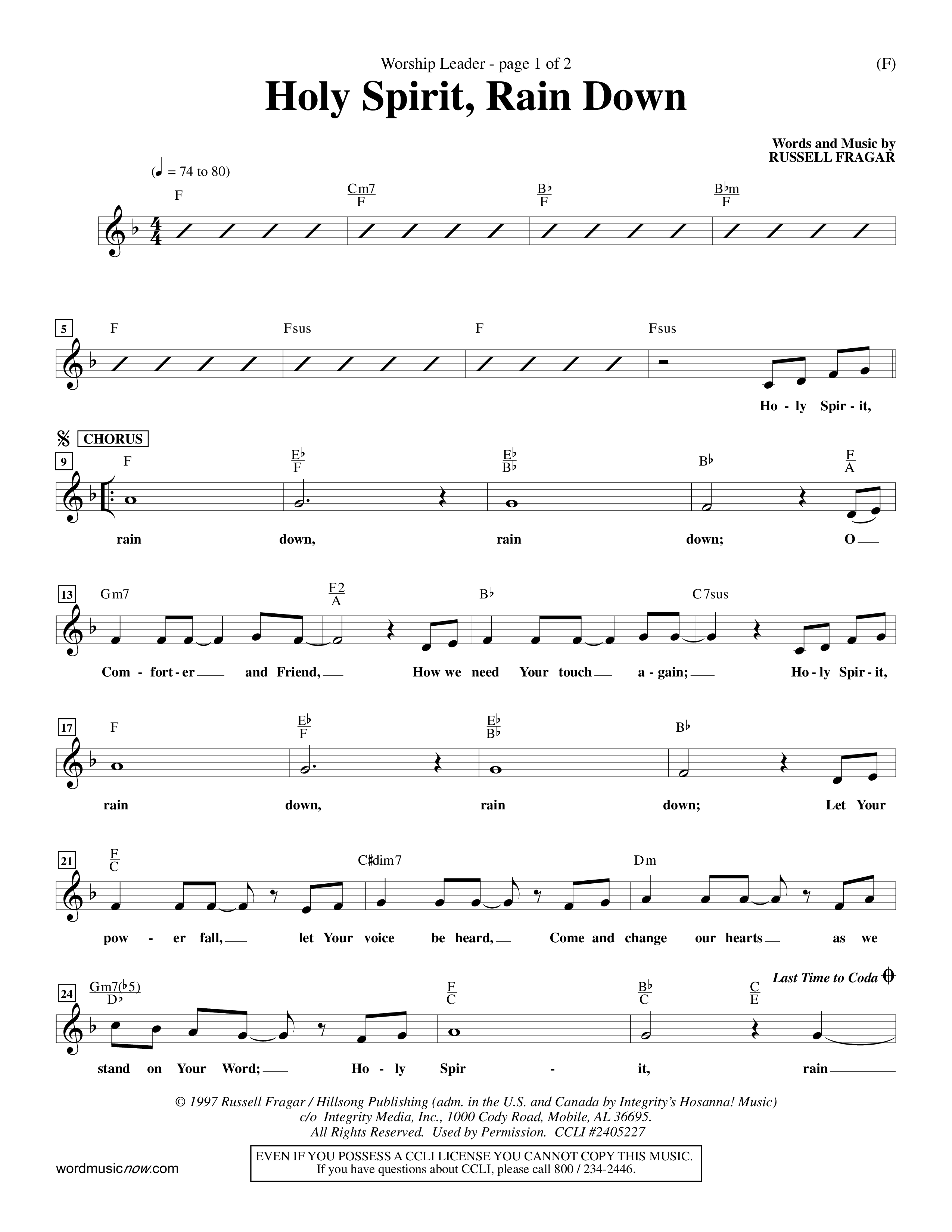 Holy Spirit Rain Down (Choral Anthem SATB) Lead Sheet (Mel) (Word Music Choral / Orch. Ed Hogan)
