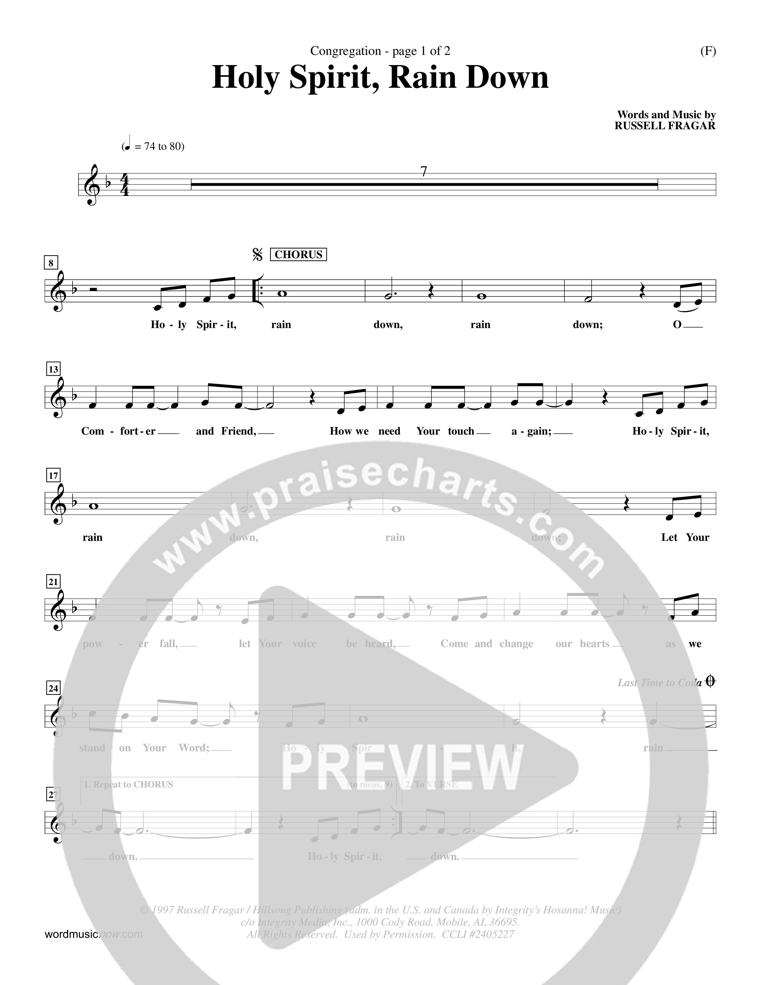 Holy Spirit Rain Down (Choral Anthem SATB) Lead Sheet (Mel) (Word Music Choral / Orch. Ed Hogan)