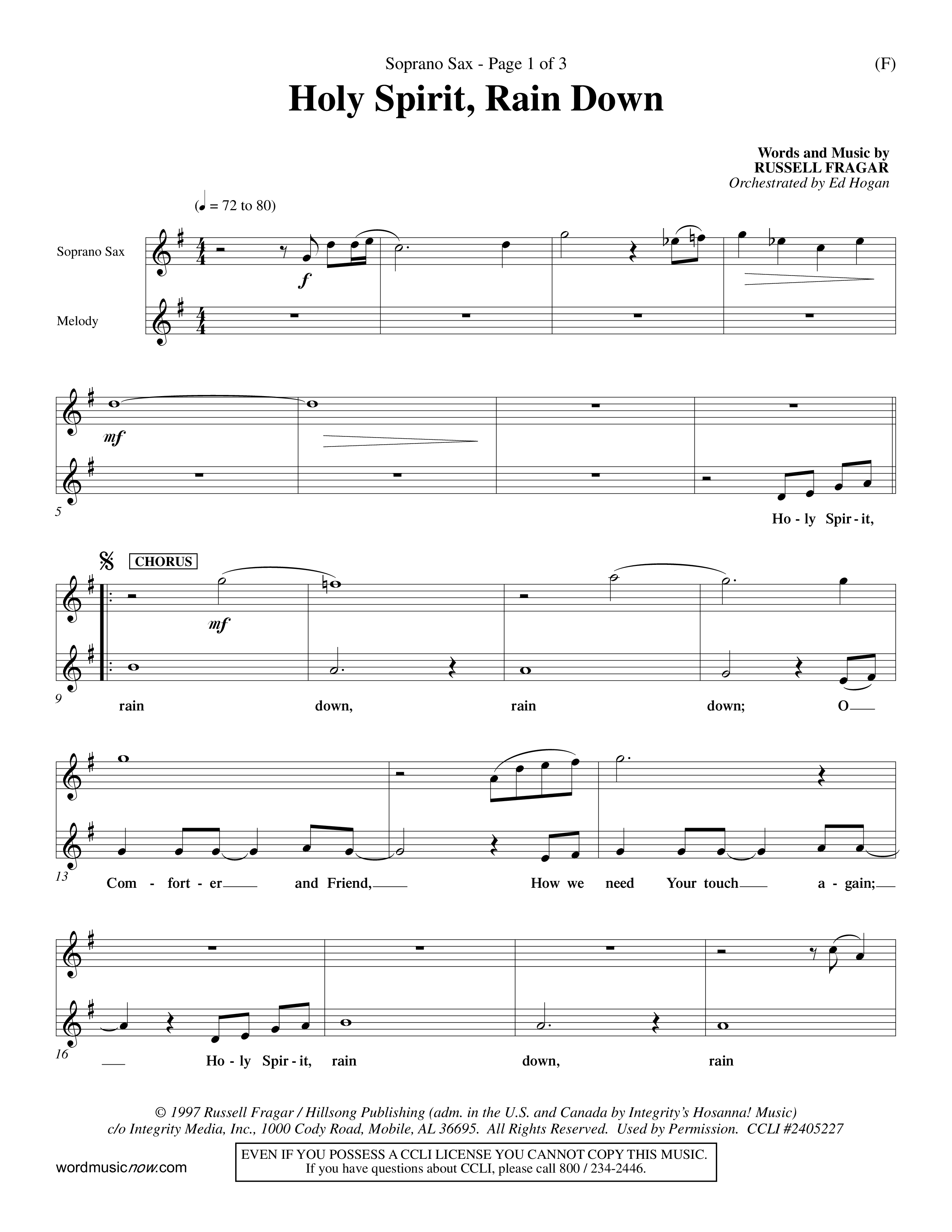 Holy Spirit Rain Down (Choral Anthem SATB) Saxophone (Word Music Choral / Orch. Ed Hogan)