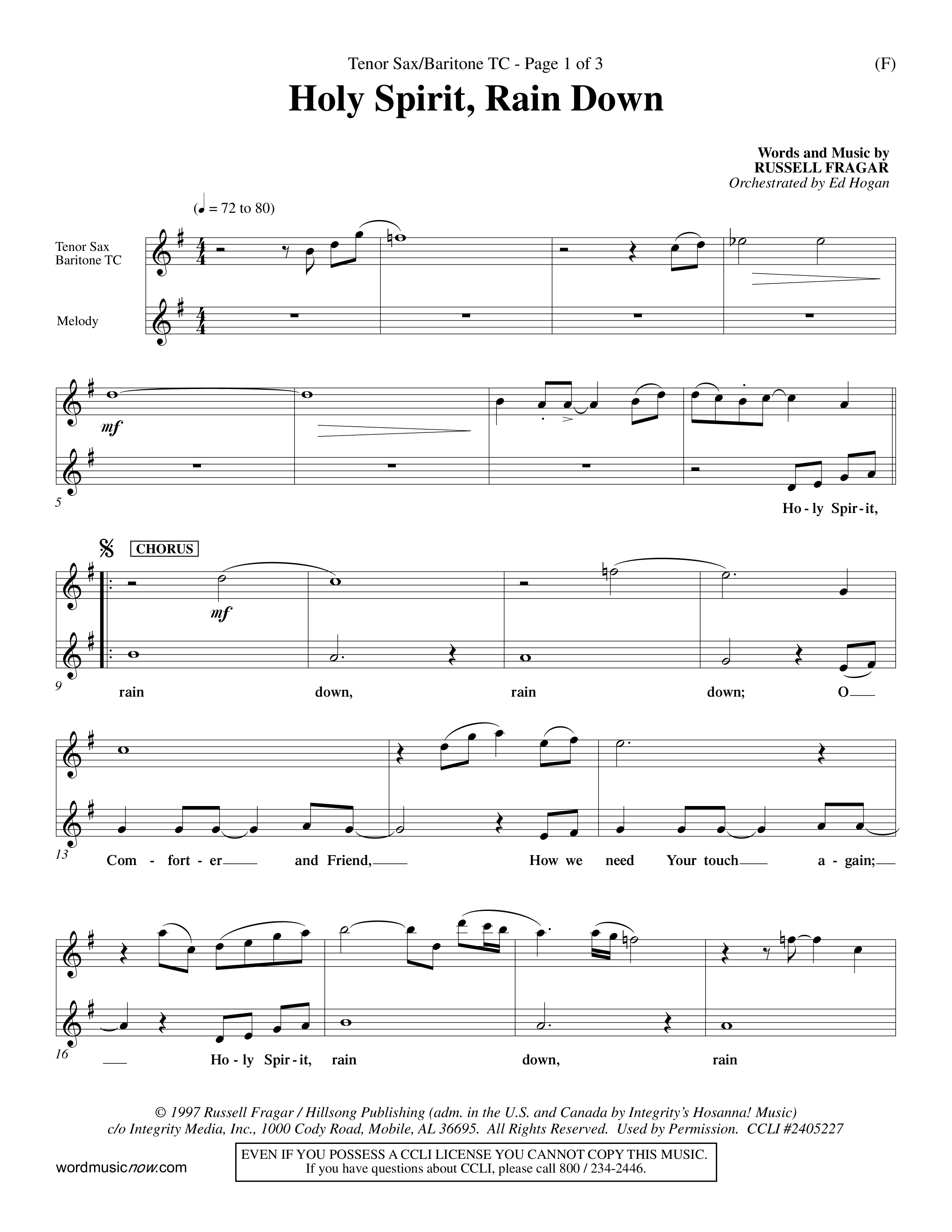 Holy Spirit Rain Down (Choral Anthem SATB) Tenor Sax/Baritone T.C. (Word Music Choral / Orch. Ed Hogan)