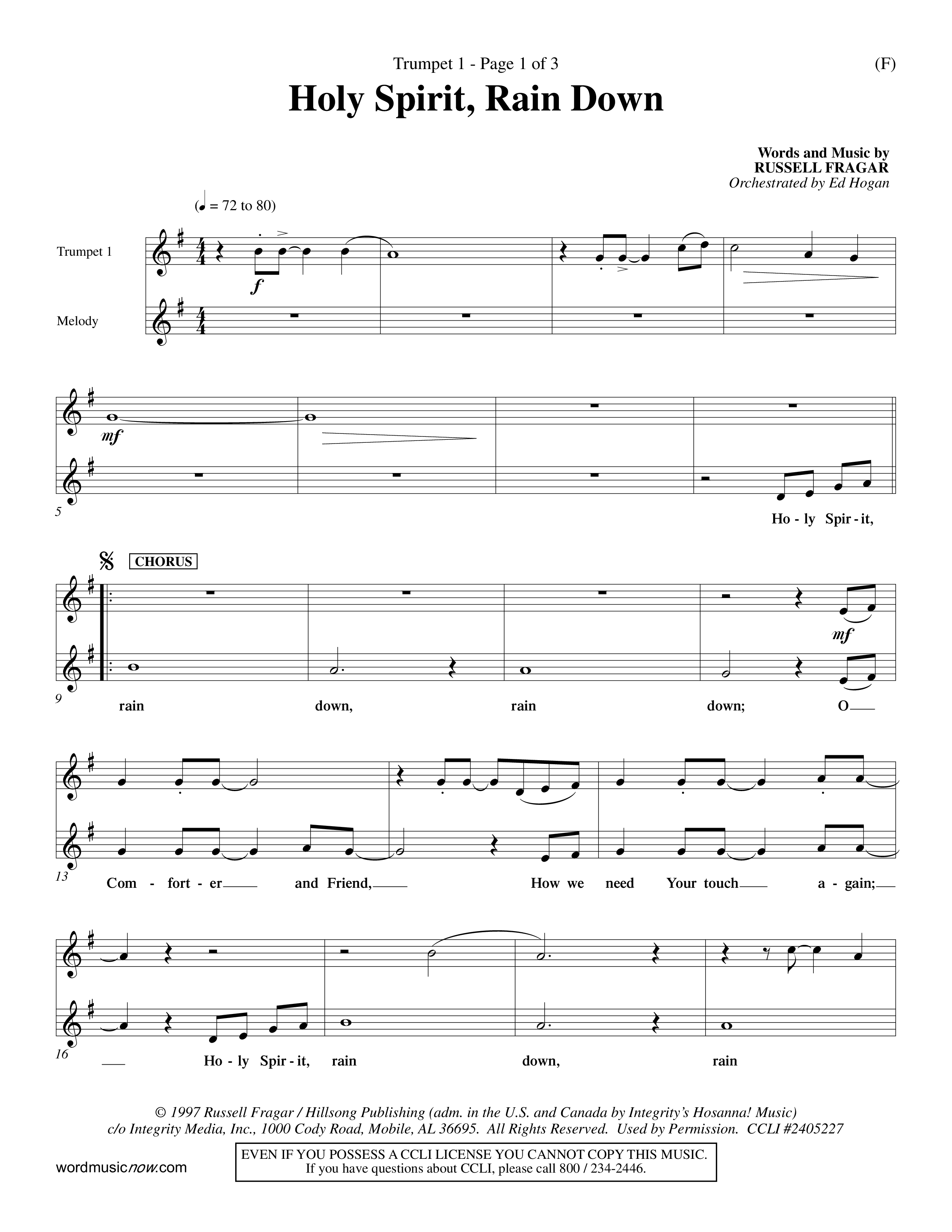 Holy Spirit Rain Down (Choral Anthem SATB) Trumpet 1 (Word Music Choral / Orch. Ed Hogan)