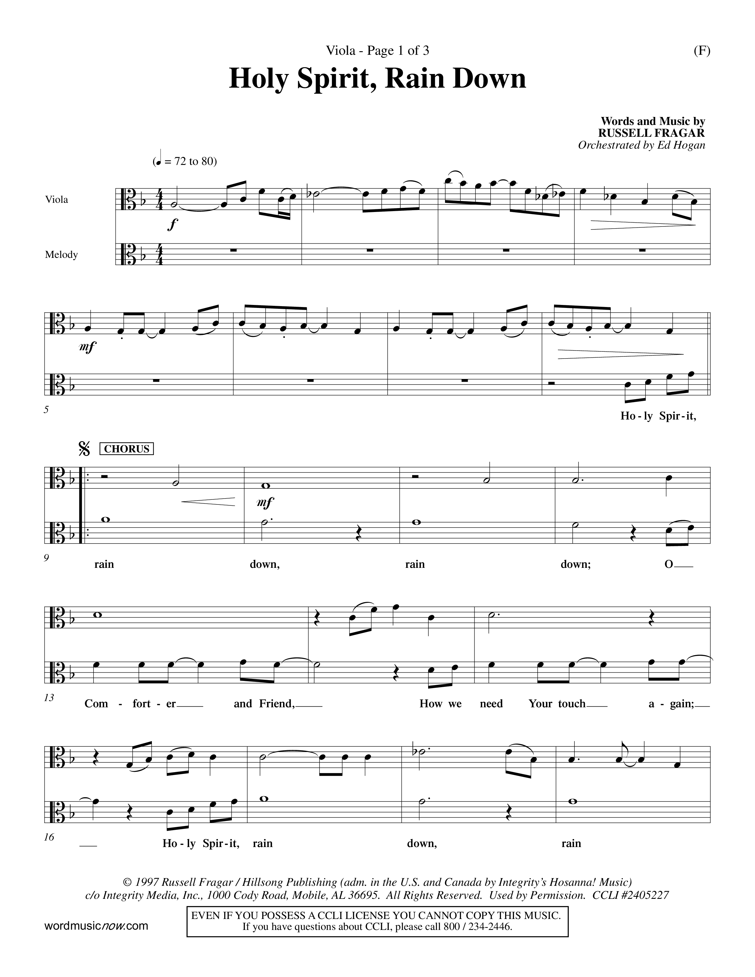 Holy Spirit Rain Down (Choral Anthem SATB) Viola (Word Music Choral / Orch. Ed Hogan)