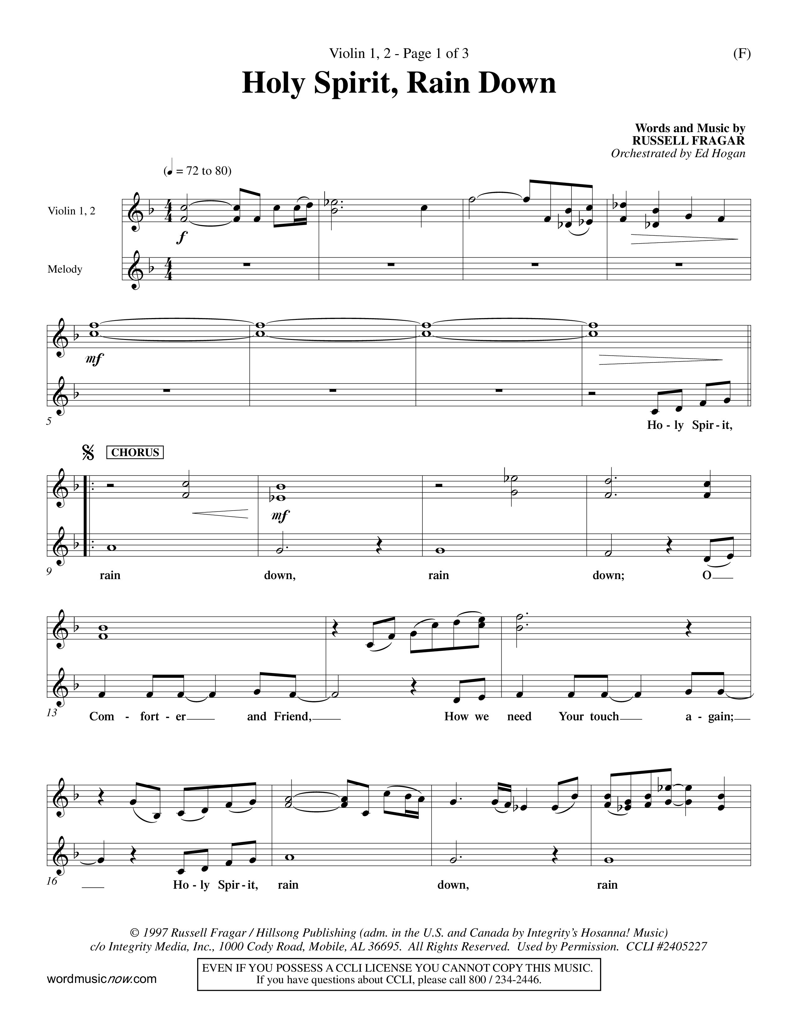 Holy Spirit Rain Down (Choral Anthem SATB) Violin 1/2 (Word Music Choral / Orch. Ed Hogan)