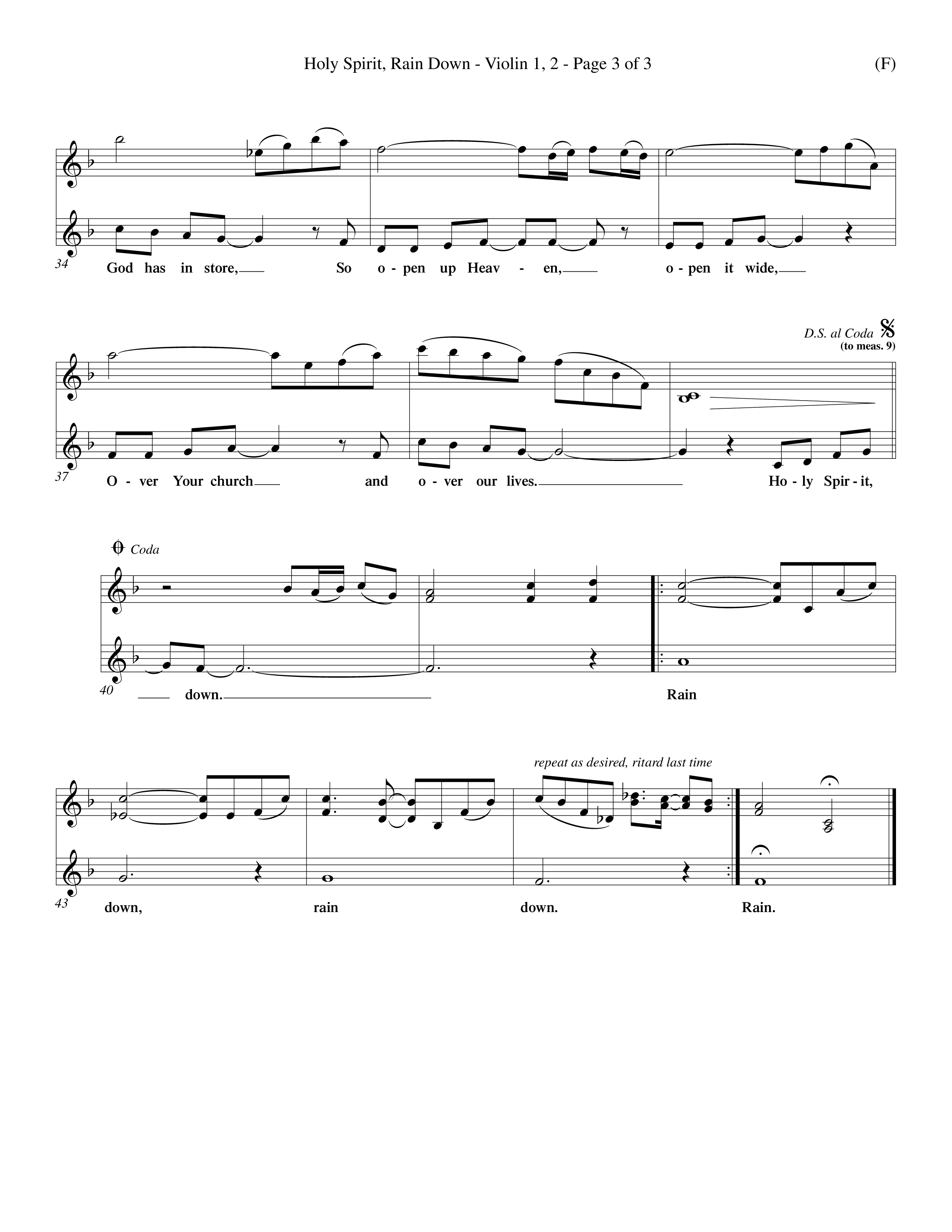 Holy Spirit Rain Down (Choral Anthem SATB) Violin 1/2 (Word Music Choral / Orch. Ed Hogan)