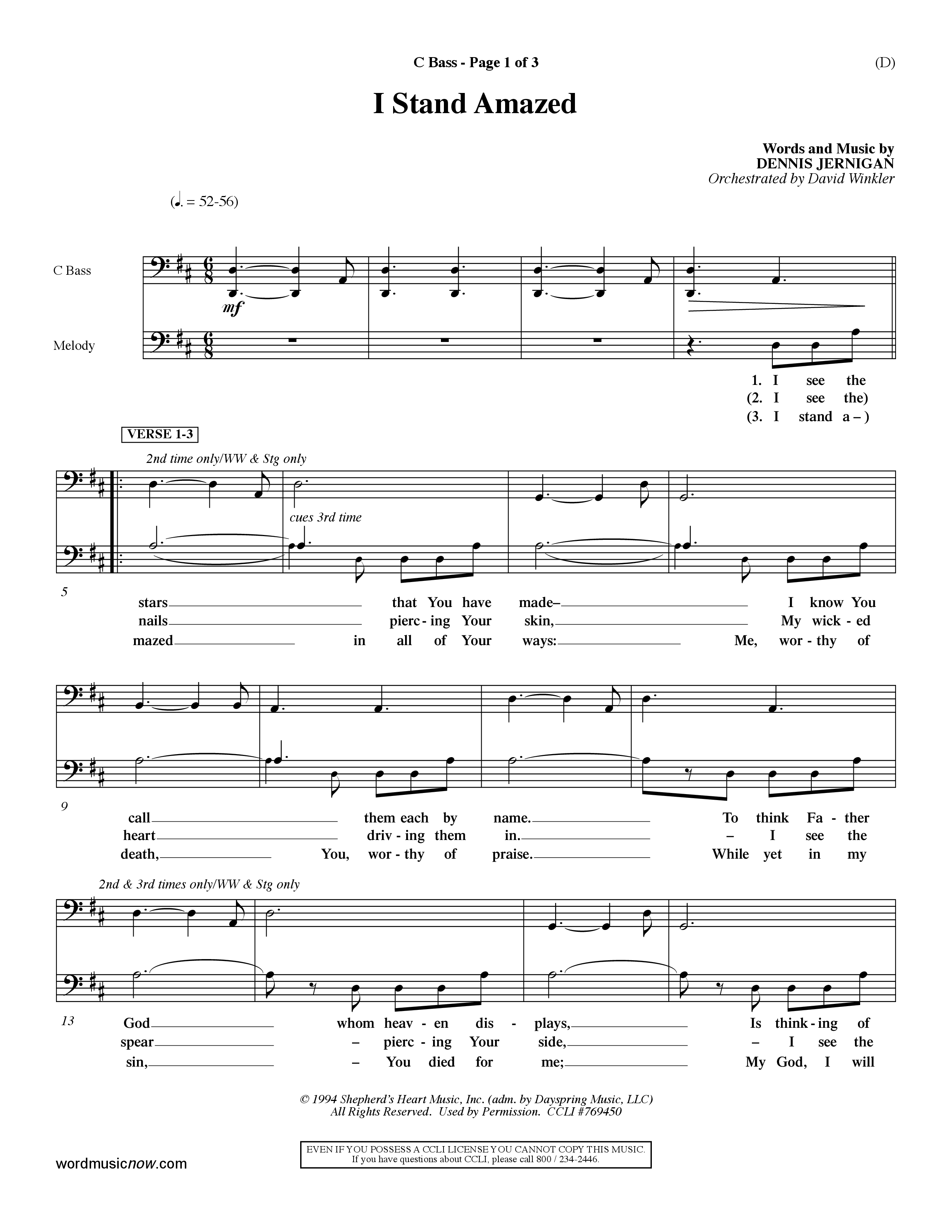 I Stand Amazed (Choral Anthem SATB) Contrabass (Word Music Choral / Orch. David Winkler)