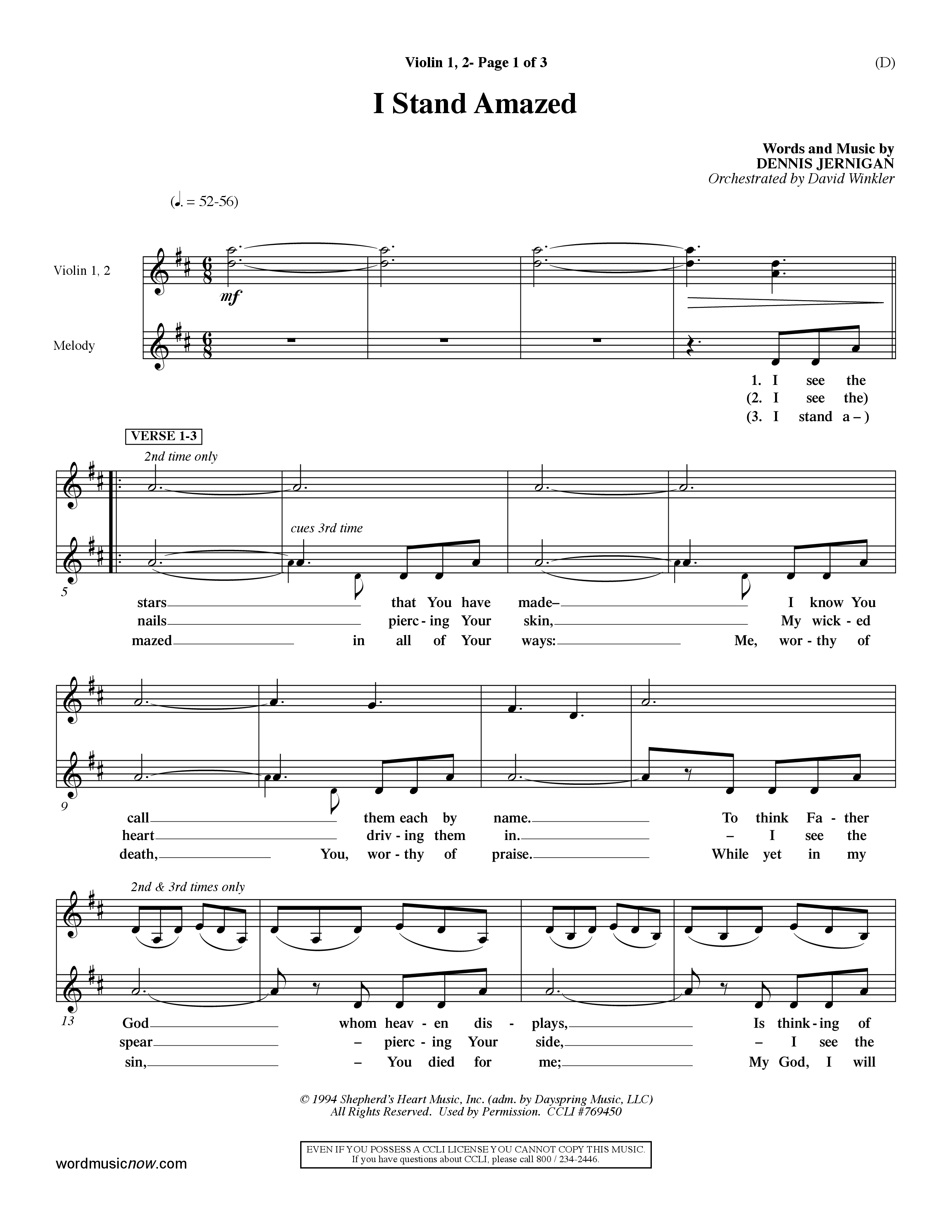 I Stand Amazed (Choral Anthem SATB) Violin 1/2 (Word Music Choral / Orch. David Winkler)