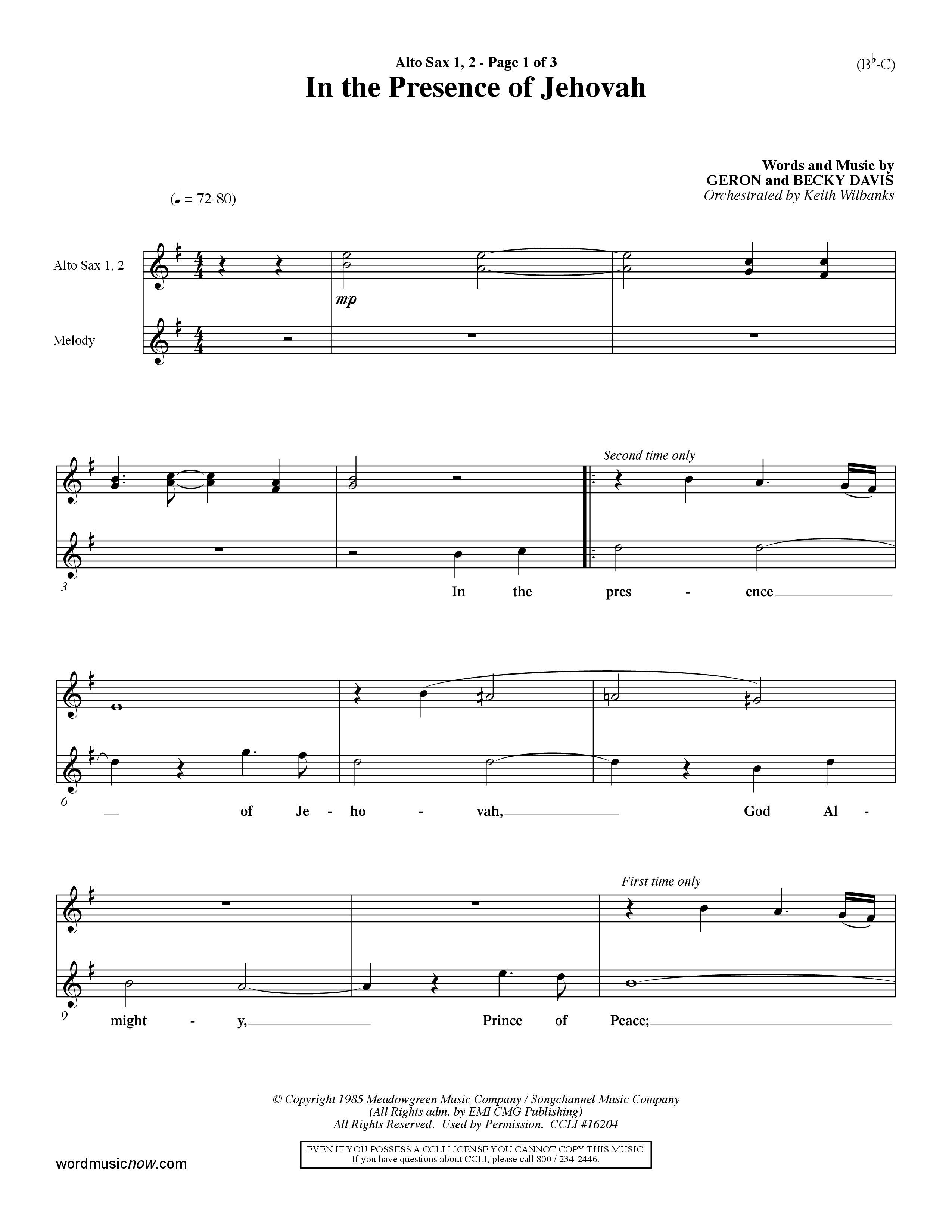 In The Presence Of Jehovah (Choral Anthem SATB) Alto Sax 1/2 (Word Music Choral / Orch. Keith Wilbanks)
