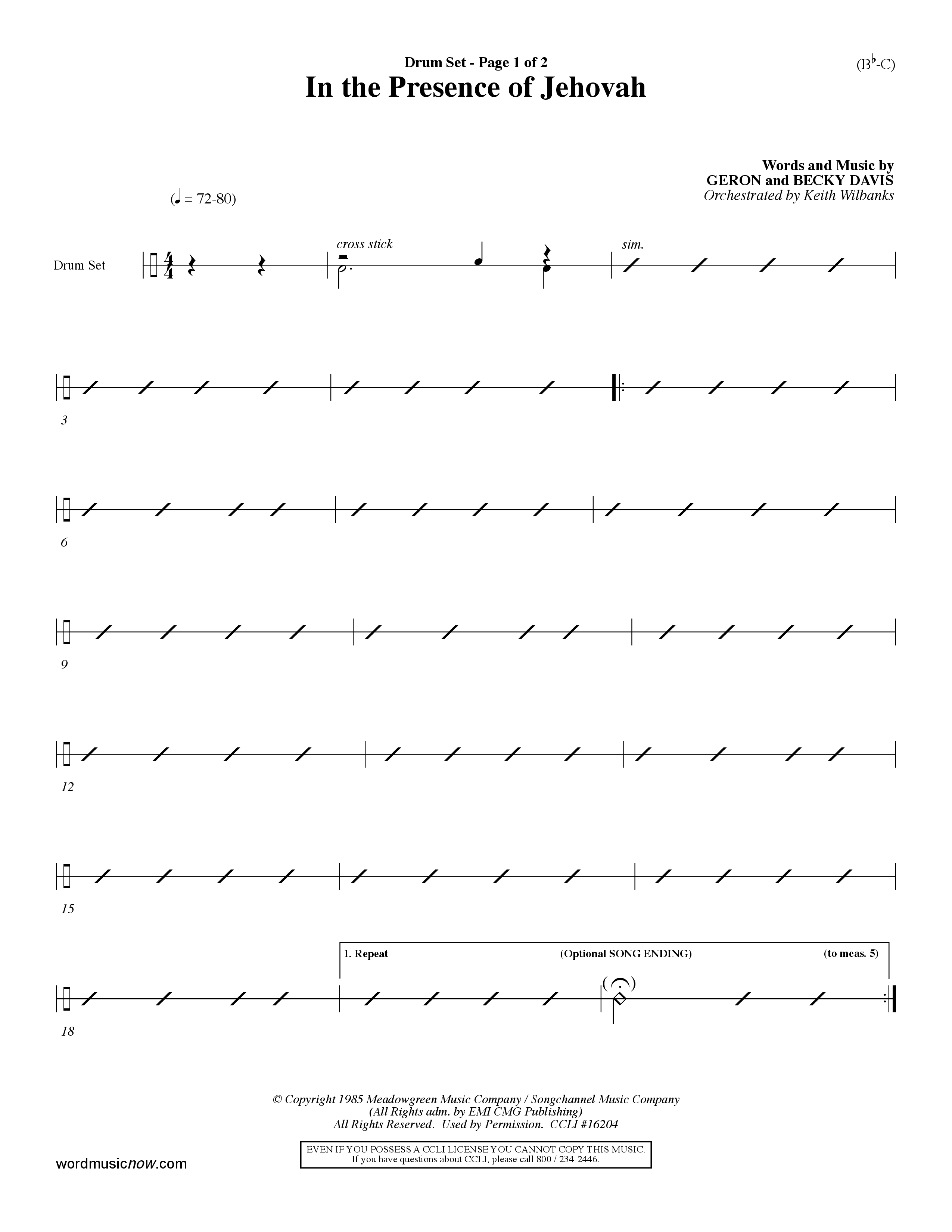 In The Presence Of Jehovah (Choral Anthem SATB) Drum Set (Word Music Choral / Orch. Keith Wilbanks)