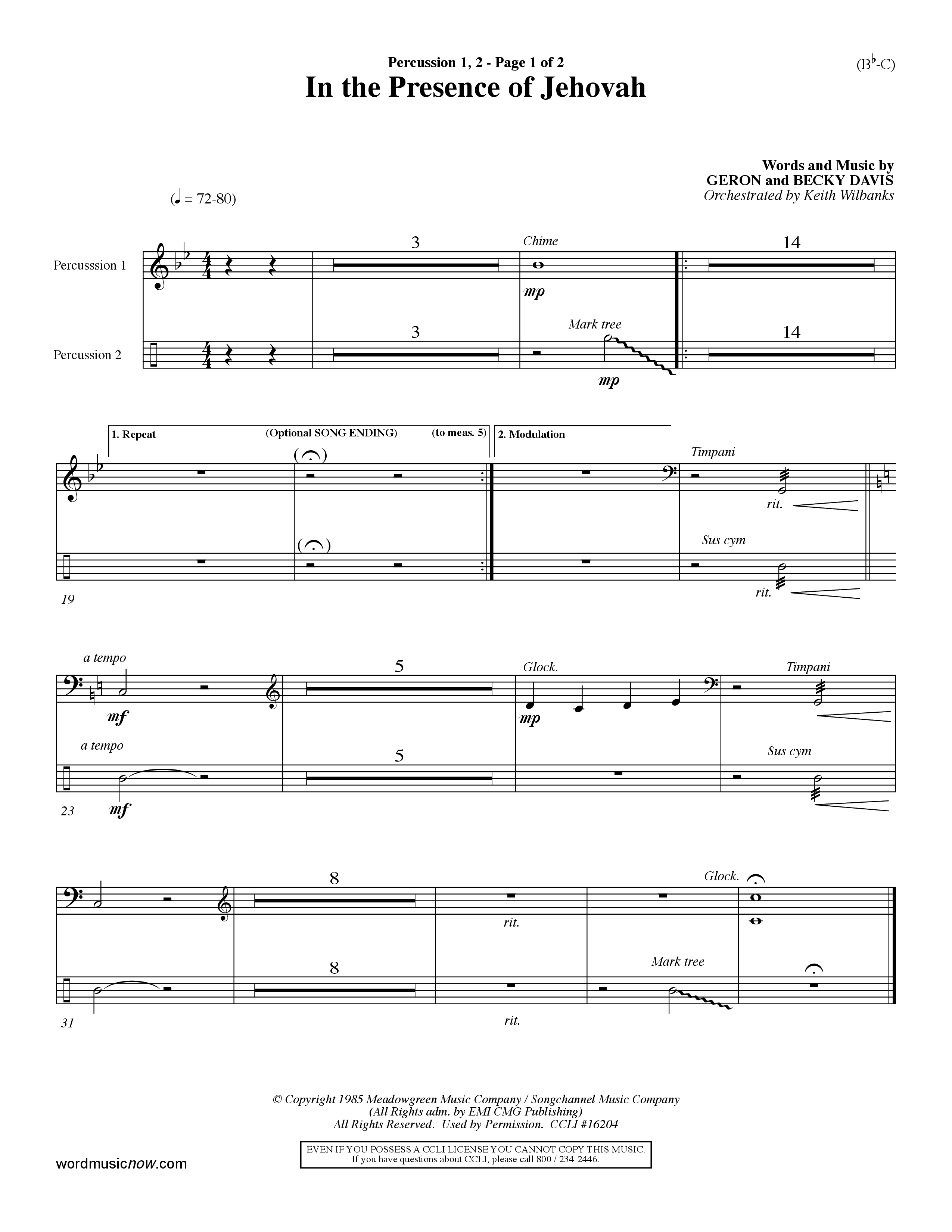 In The Presence Of Jehovah (Choral Anthem SATB) Percussion 1/2 (Word Music Choral / Orch. Keith Wilbanks)