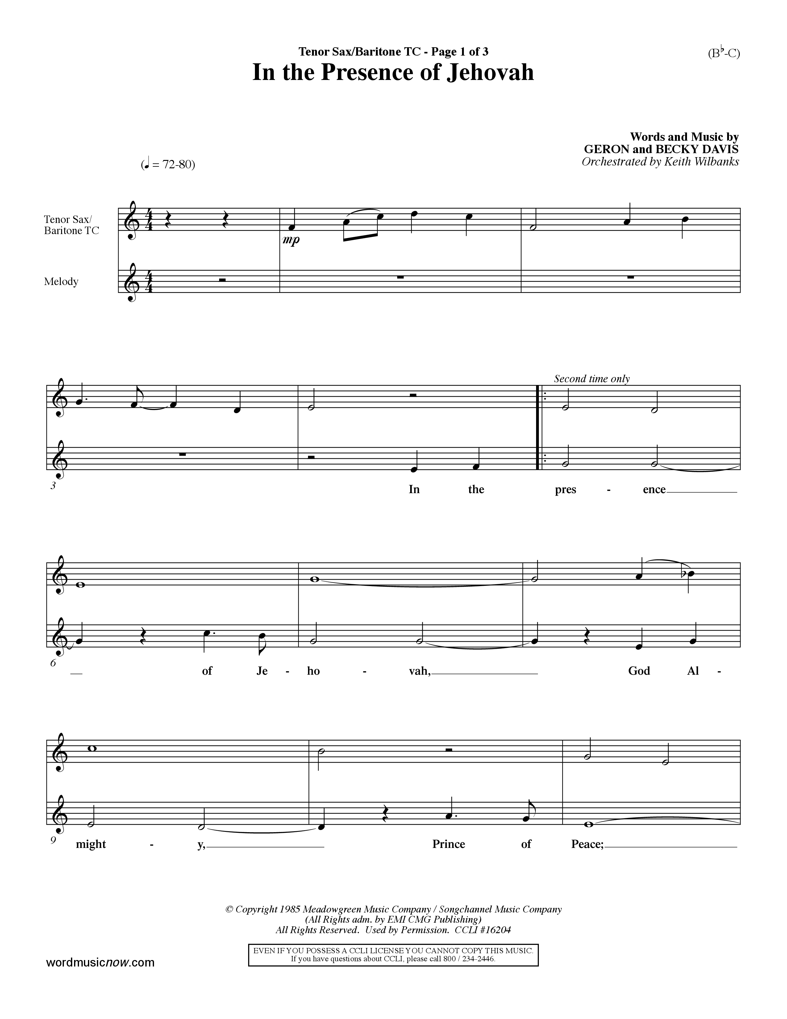 In The Presence Of Jehovah (Choral Anthem SATB) Tenor Sax/Baritone T.C. (Word Music Choral / Orch. Keith Wilbanks)