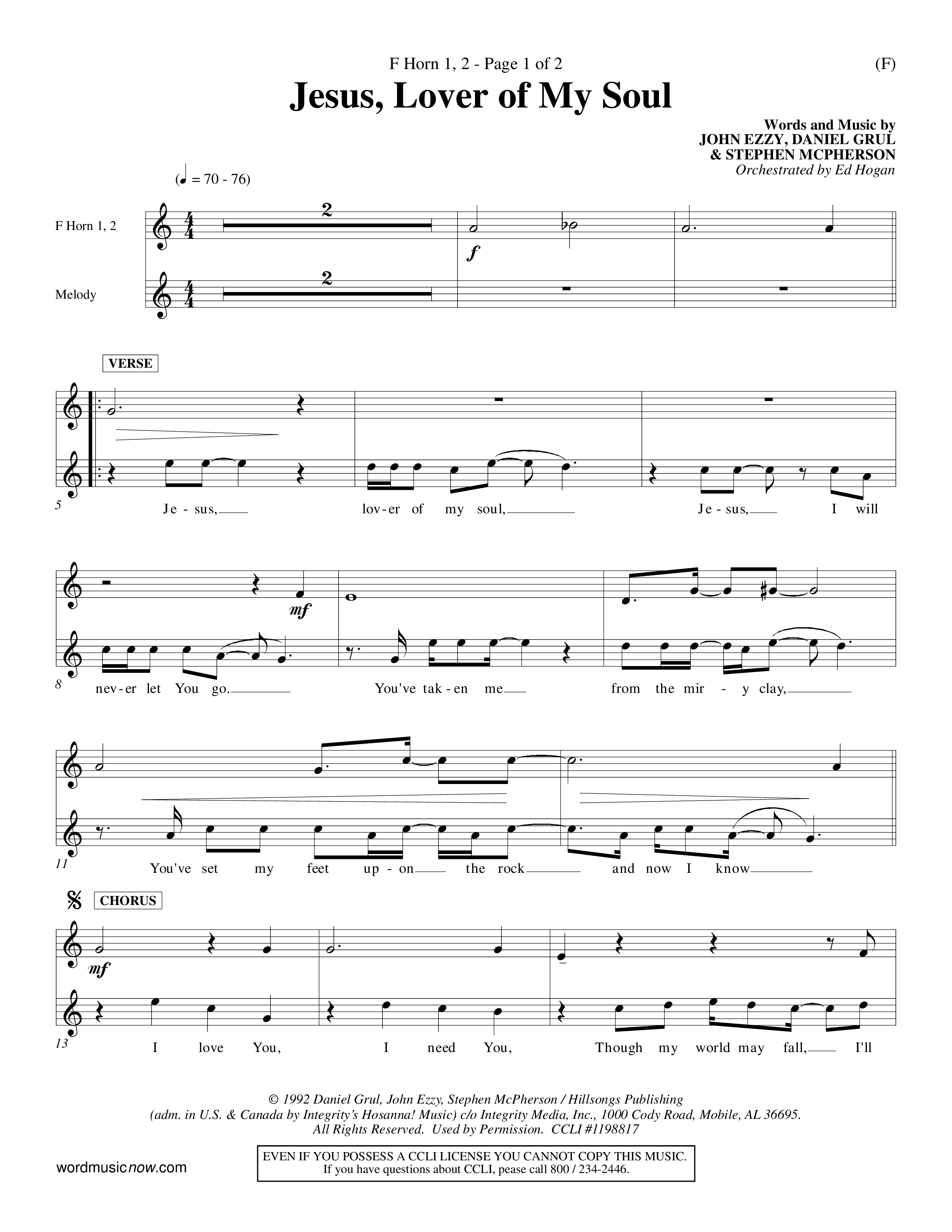 Jesus Lover Of My Soul (Choral Anthem SATB) French Horn (Word Music Choral / Orch. Ed Hogan)