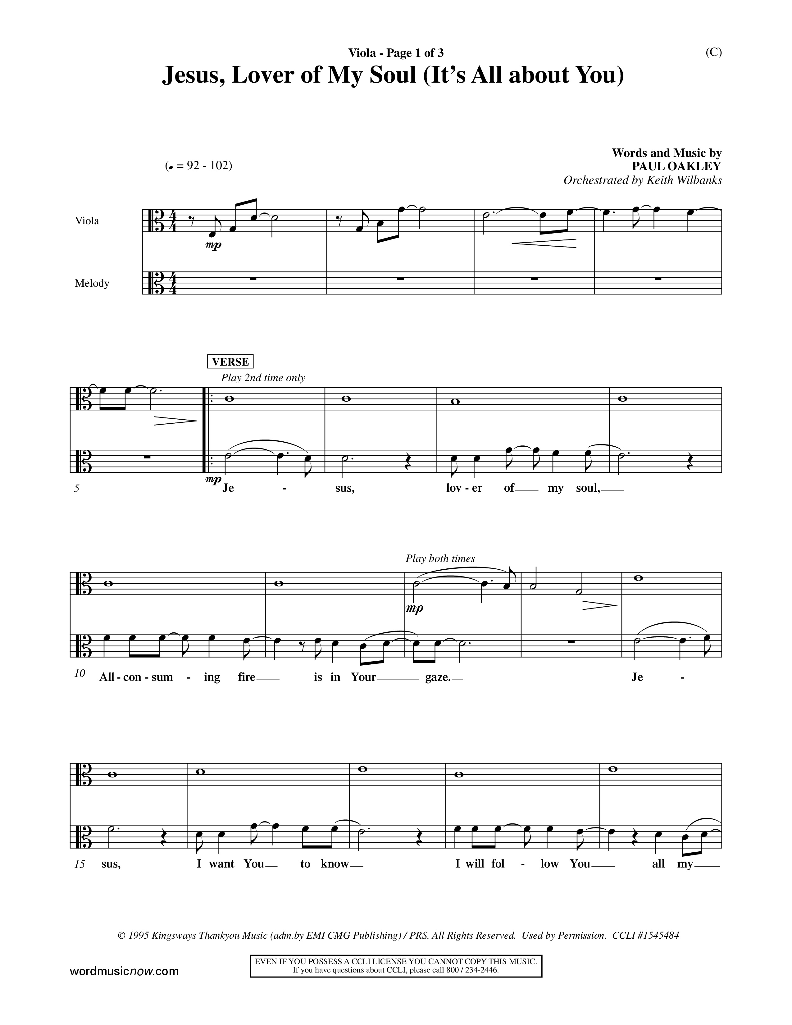 Jesus Lover of My Soul (It's All About You) (Choral Anthem SATB) Viola (Word Music Choral / Orch. Keith Wilbanks)