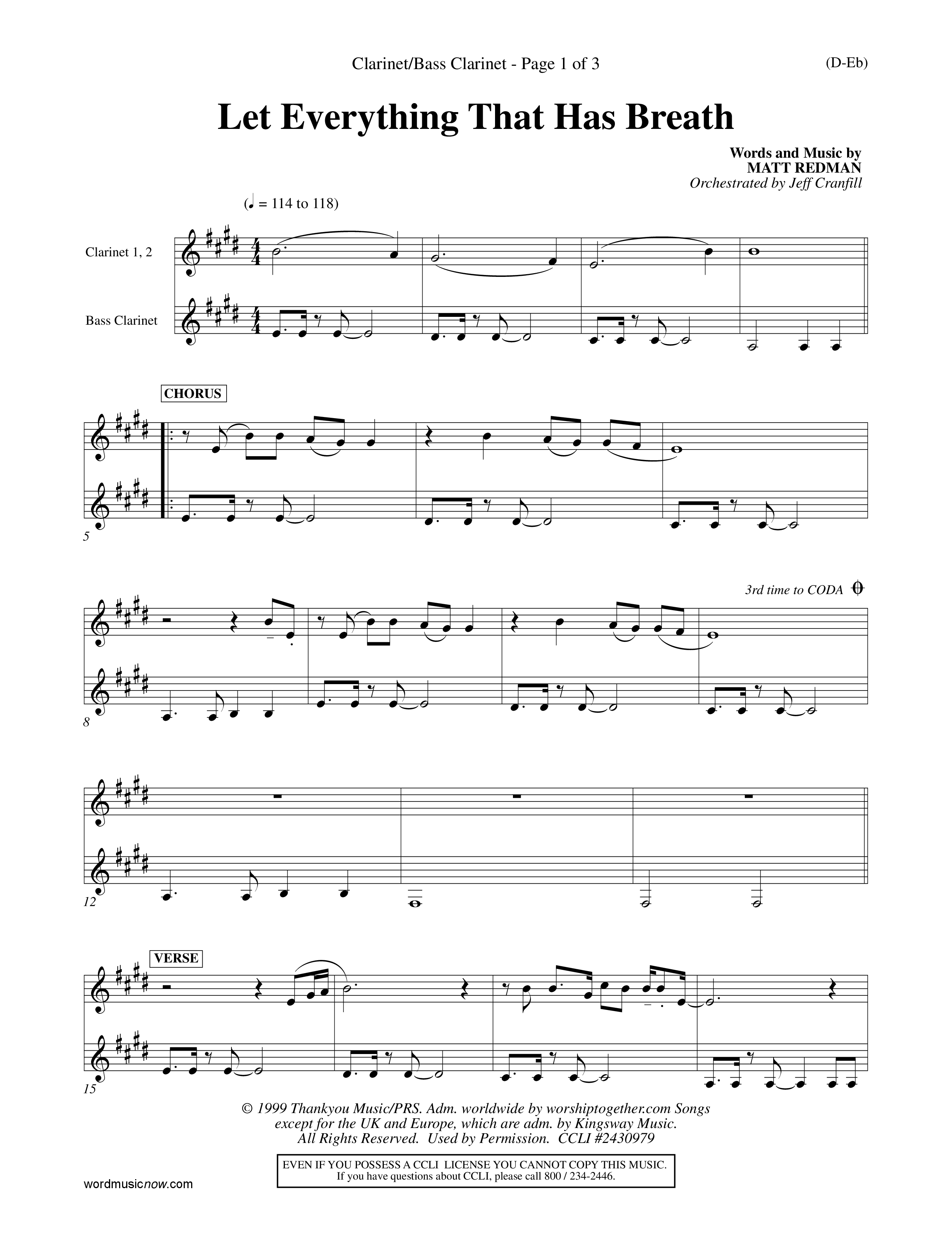 Let Everything That Has Breath (Choral Anthem SATB) Clarinet 1/2, Bass Clarinet (Word Music Choral / Orch. Jeff Cranfill)