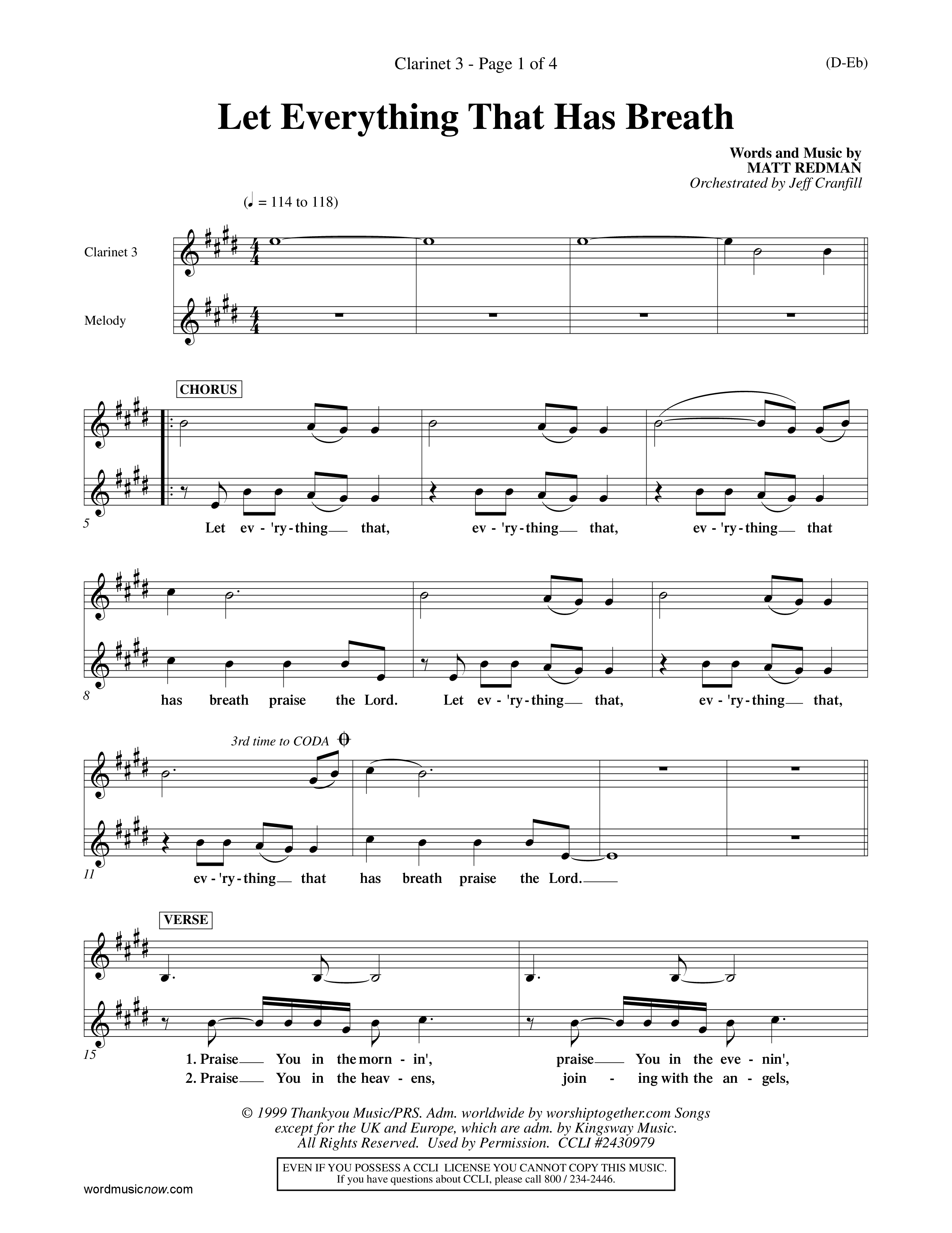 Let Everything That Has Breath (Choral Anthem SATB) Clarinet 3 (Word Music Choral / Orch. Jeff Cranfill)